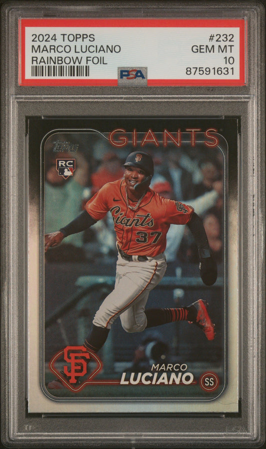 Graded 2024 Topps Marco Luciano #232 Rainbow Foil Rookie RC Baseball Card PSA 10 Gem Mint
