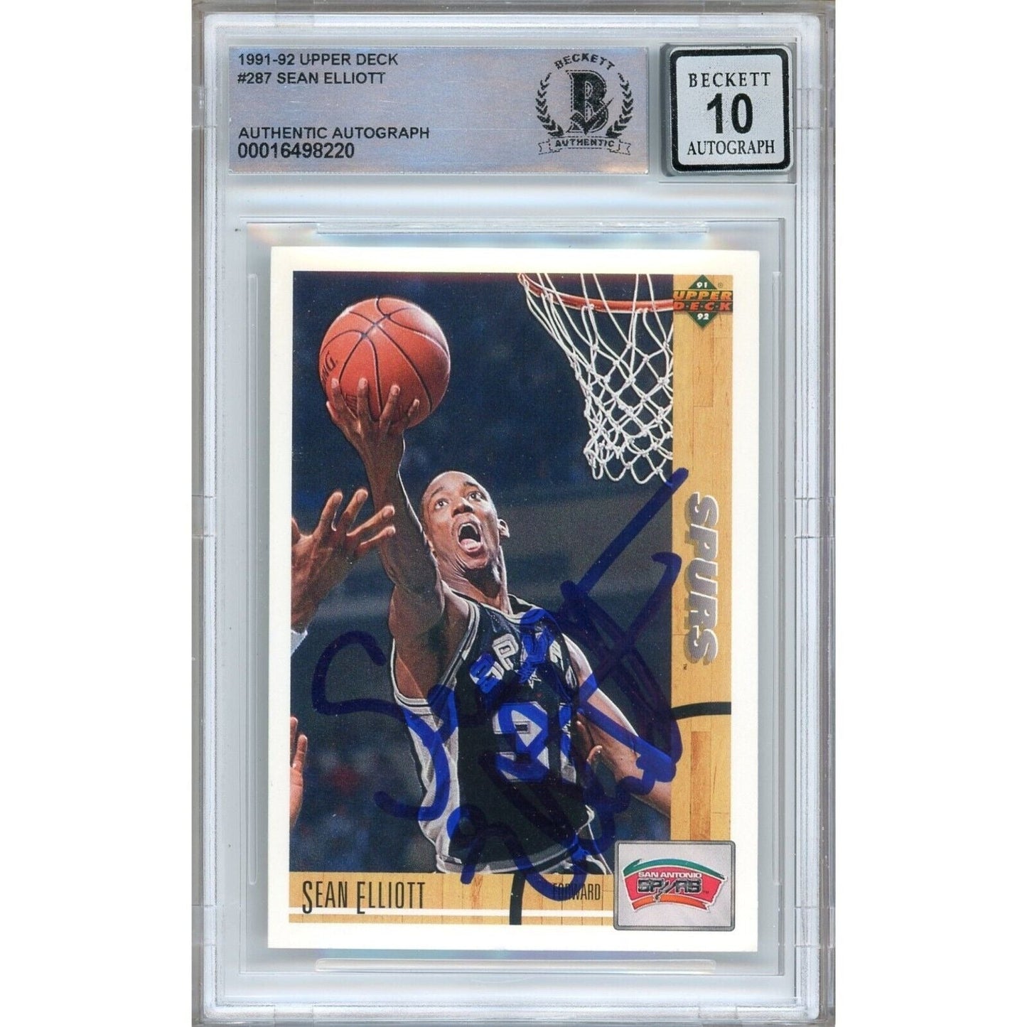 Sean Elliott San Antonio Spurs Signed 1991 Upper Deck Card BGS Auto-10 Graded Slab