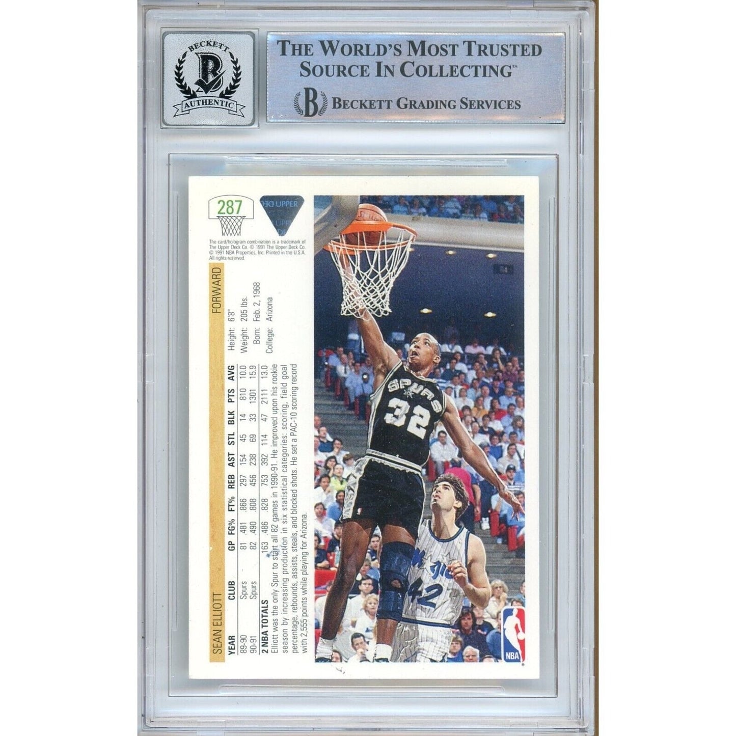 Sean Elliott San Antonio Spurs Signed 1991 Upper Deck Card BGS Auto-10 Graded Slab