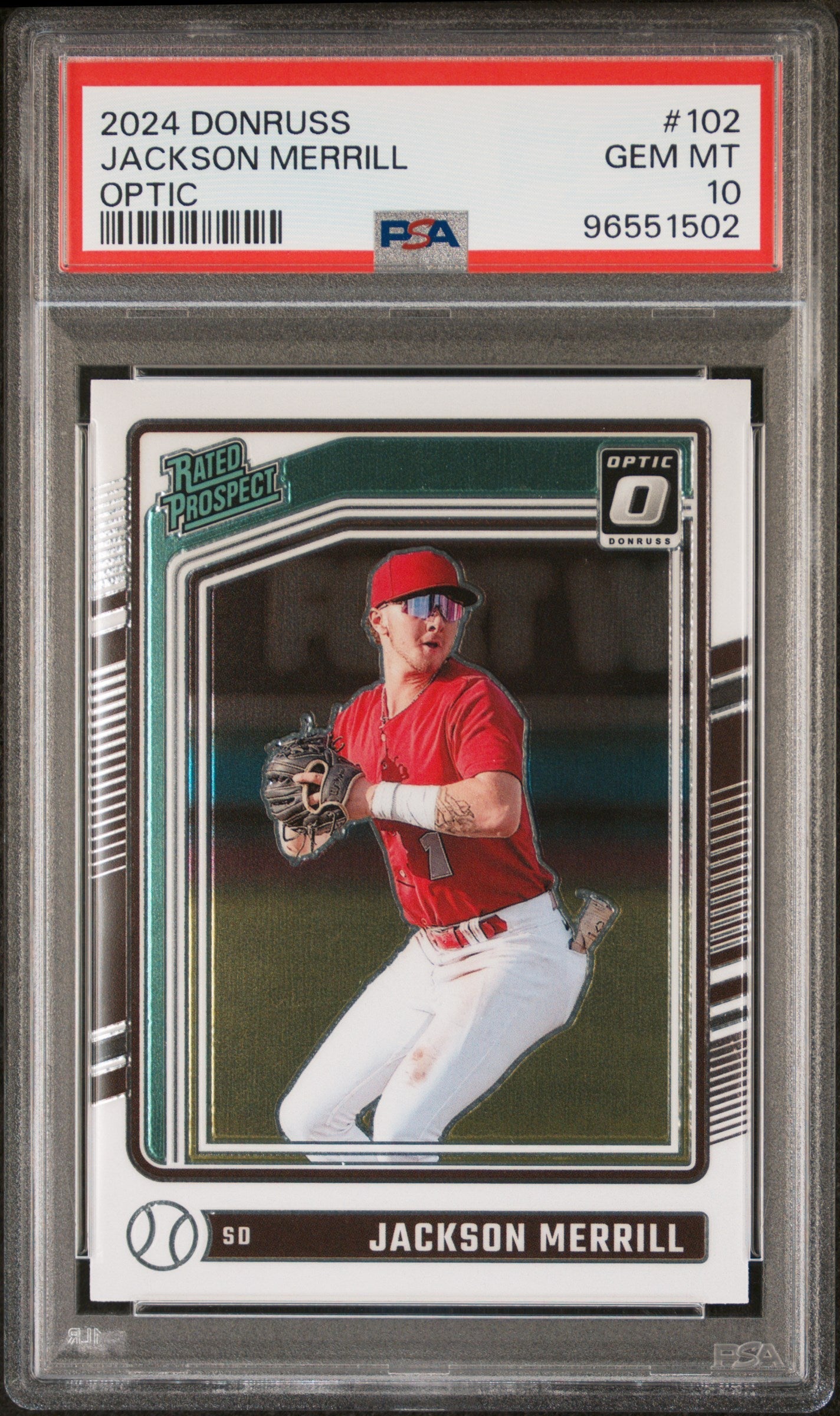 Graded 2024 Panini Donruss Jackson Merrill #102 Optic Rookie RC Baseball Card PSA 10 Gem Mint