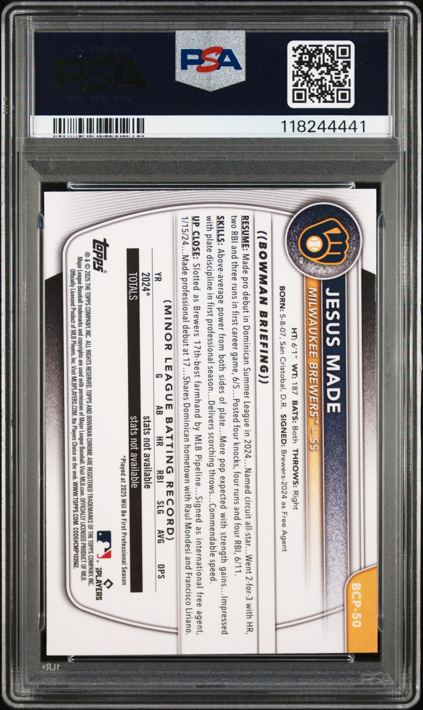 Graded 2025 Topps Bowman Mega Box Jesus Made #50 Prospects Rookie RC Baseball Card PSA 10 Gem Mint