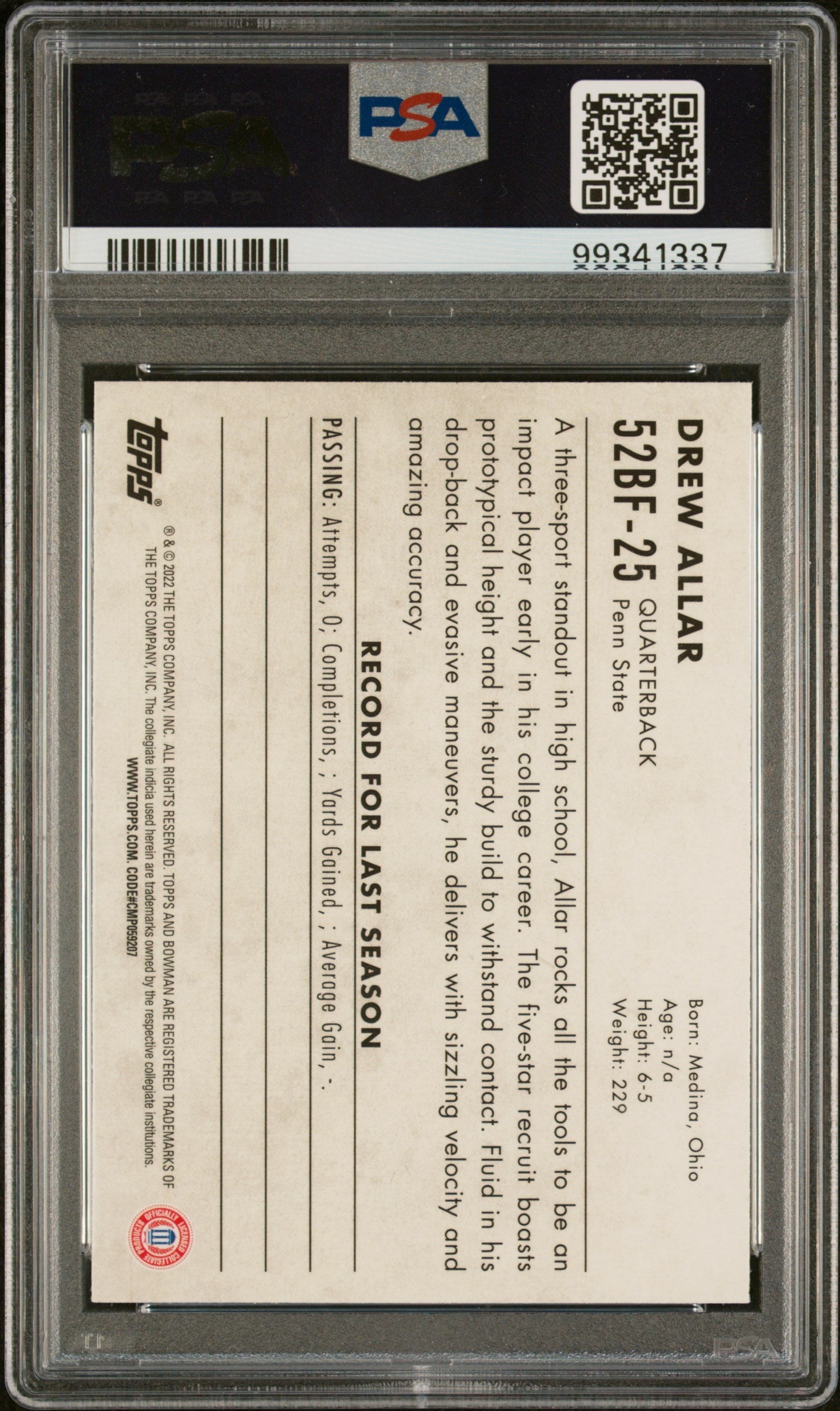 Graded 2022 Topps Bowman University Drew Allar #52BF25 1952 Bowman Rookie RC Football Card PSA 10 Gem Mint