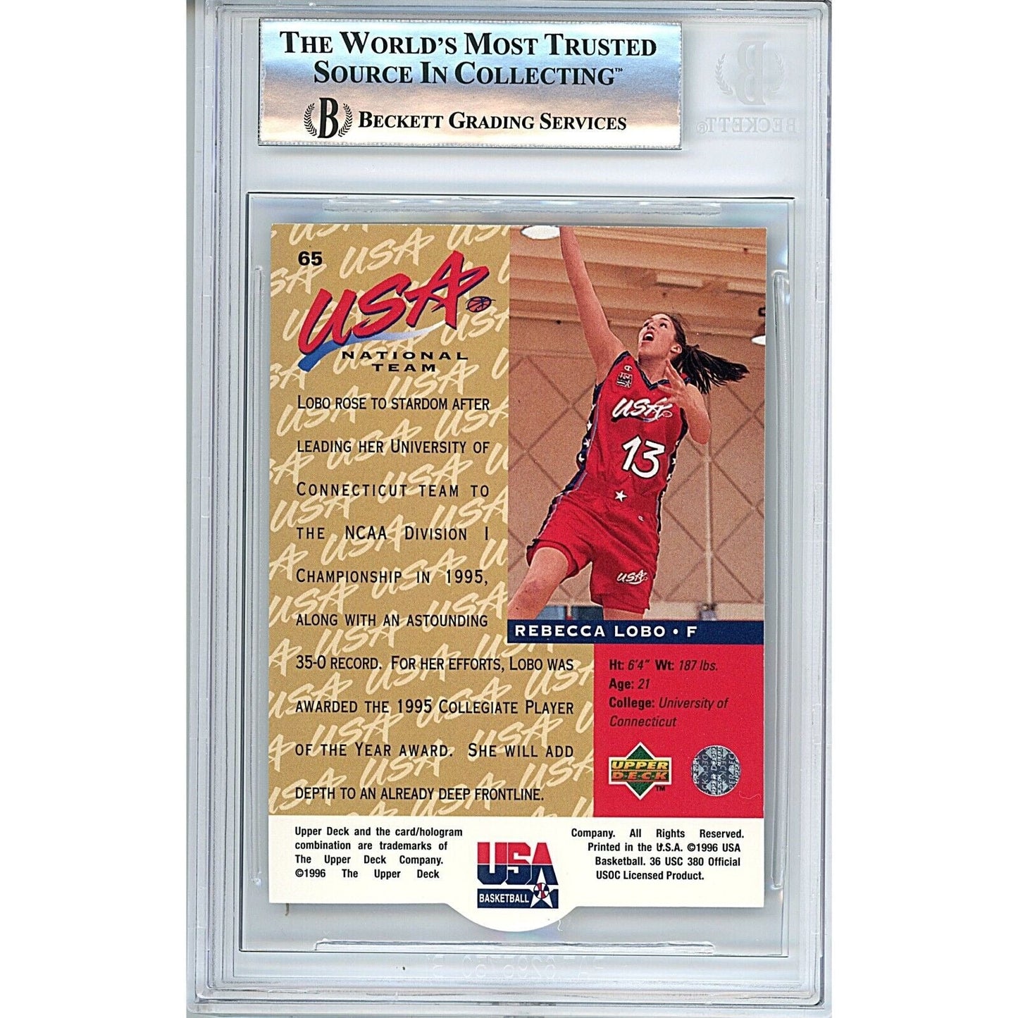 Rebecca Lobo Team USA Signed 1996 Upper Deck Basketball Card Beckett Auth Auto Slab