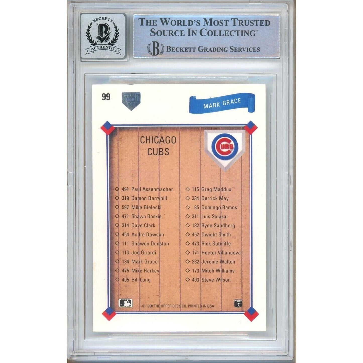 Mark Grace Chicago Cubs Signed 1991 Upper Deck Baseball Card BGS Auto 10 Graded Slab