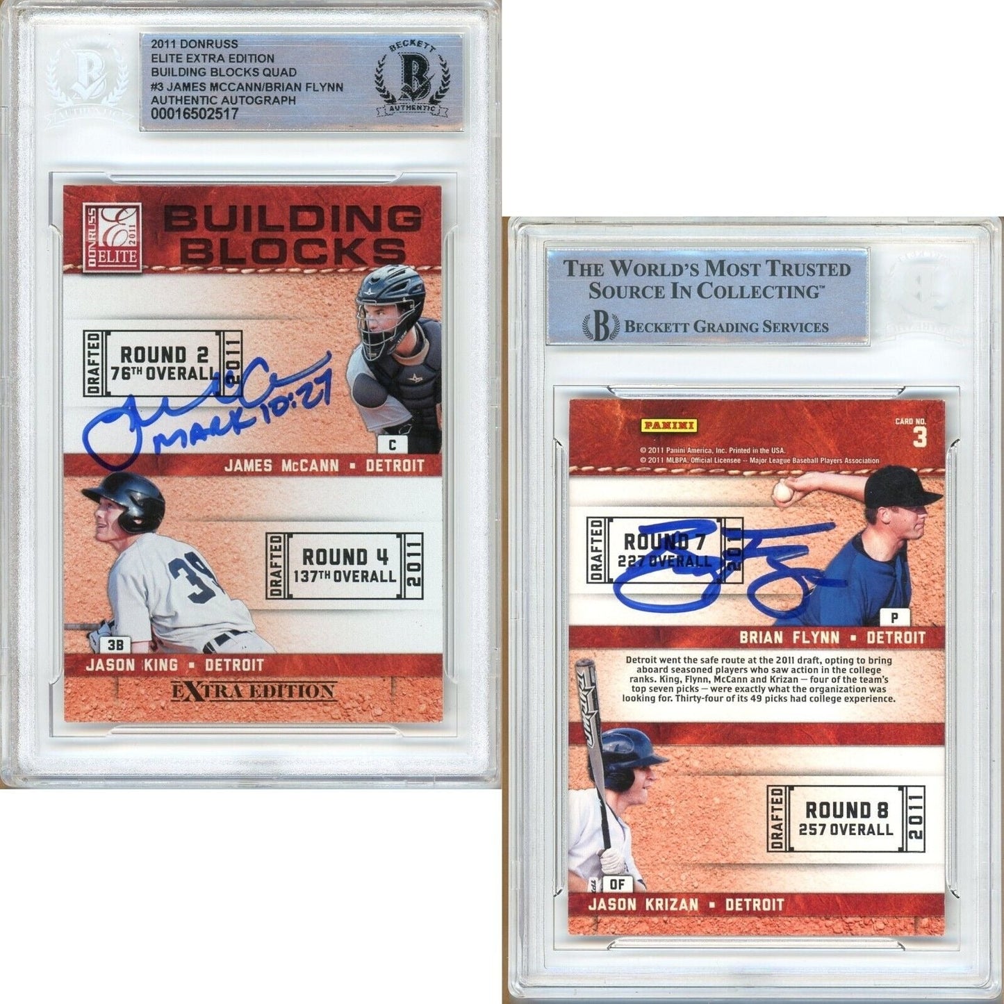 2011 Donruss Elite Extra Edition #3 — James McCann Brian Flynn Duo Autographed Trading Card — Beckett Authentication