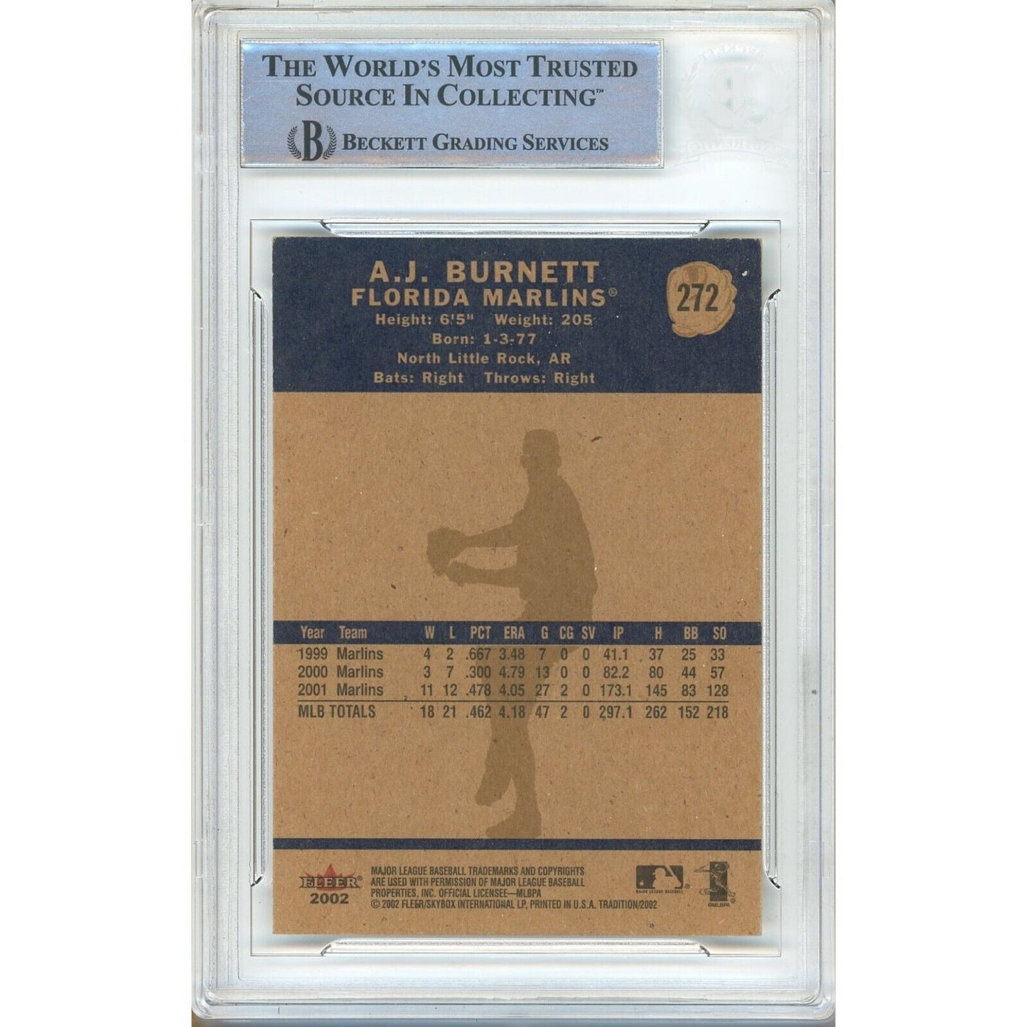 2002 Fleer Tradition #272 — AJ Burnett Miami Marlins Autographed Trading Card — Beckett Authentication