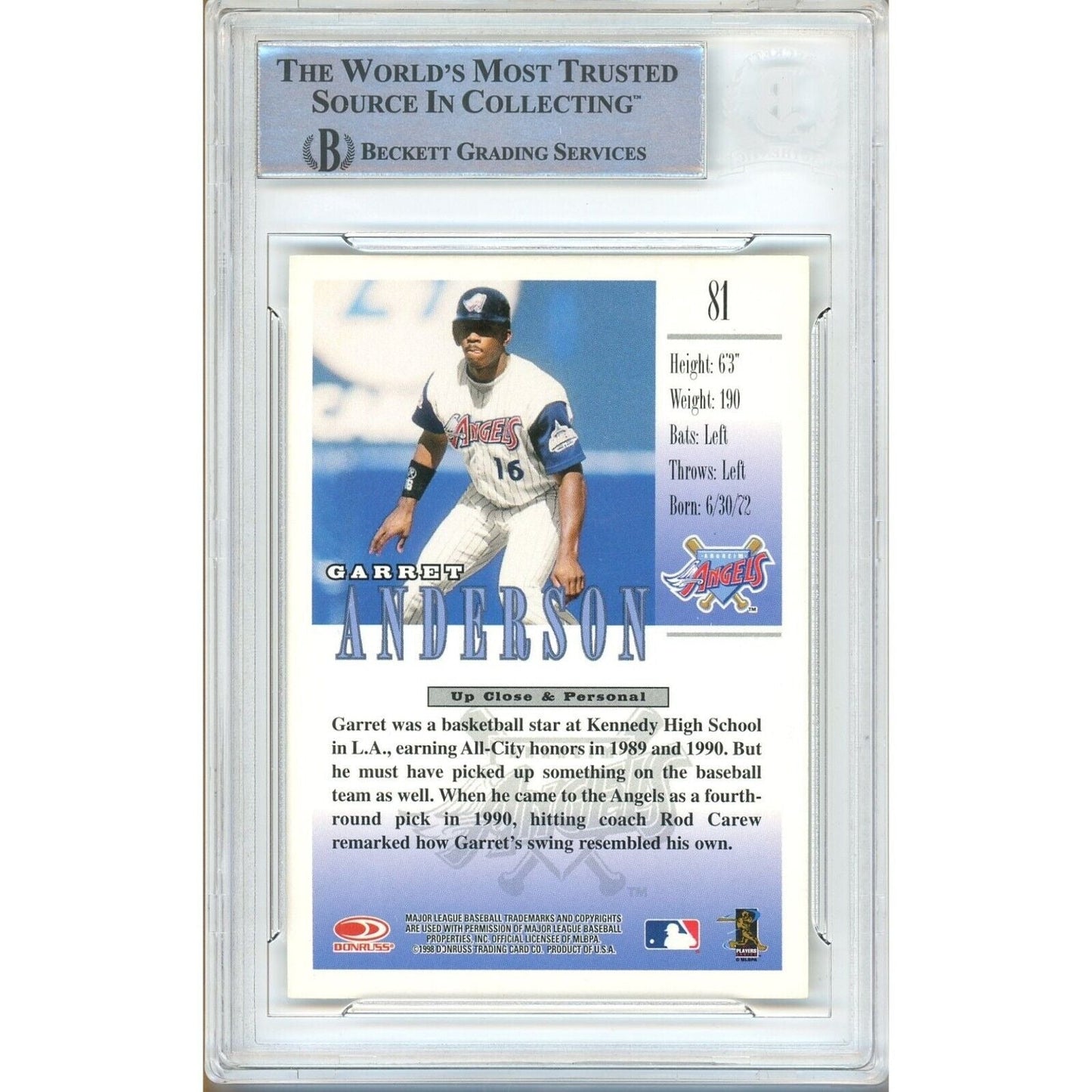 1998 Donruss Studio #81 — Garret Anderson LA Angels Autographed Trading Card — Beckett Authentication