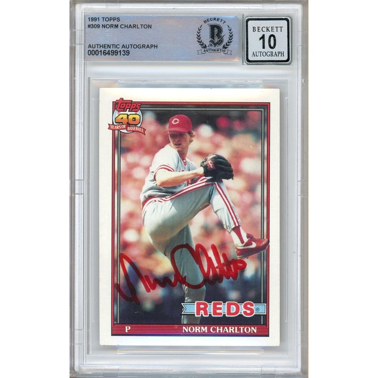 Norm Charlton Cincinnati Reds Signed 1991 Topps Baseball Card BGS Auto 10 Graded Slab