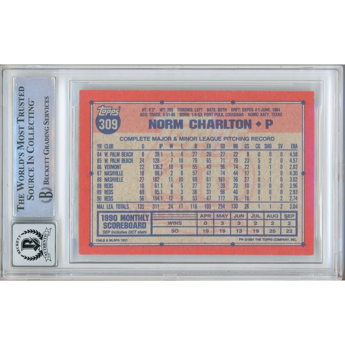 Norm Charlton Cincinnati Reds Signed 1991 Topps Baseball Card BGS Auto 10 Graded Slab