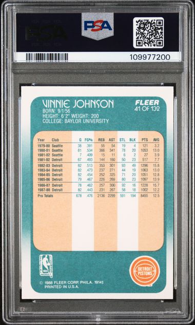 Graded 1988 Fleer Vinnie Johnson #41 Basketball Card PSA 8 NM-MT - Sport Cards