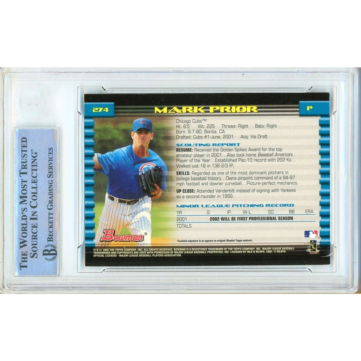 Mark Prior Chicago Cubs Signed 2002 Bowman Baseball Rookie Card Beckett Auth Auto Slab
