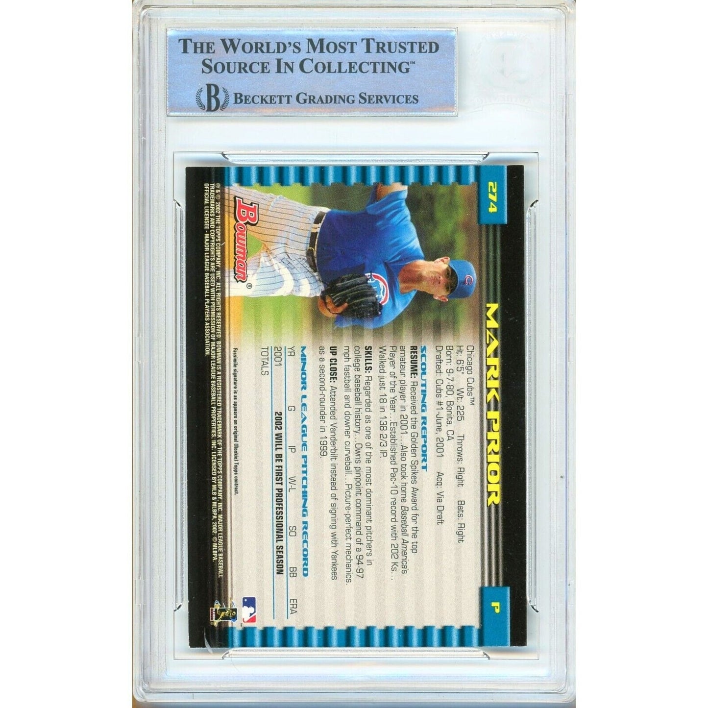 Mark Prior Chicago Cubs Signed 2002 Bowman Baseball Rookie Card Beckett Auth Auto Slab
