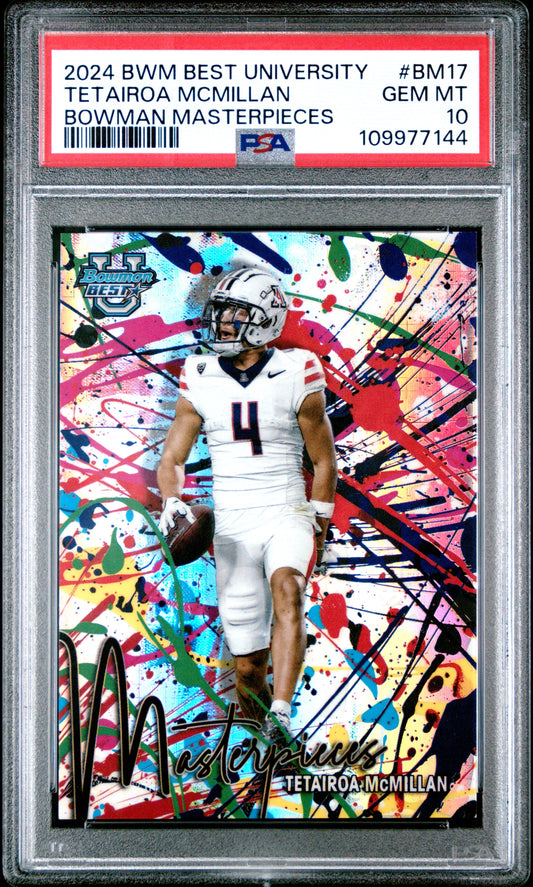 Graded 2024 Topps Bowman Best University Tetairoa McMillan #BM17 Bowman Masterpieces Rookie RC Football Card PSA 10 Gem Mint