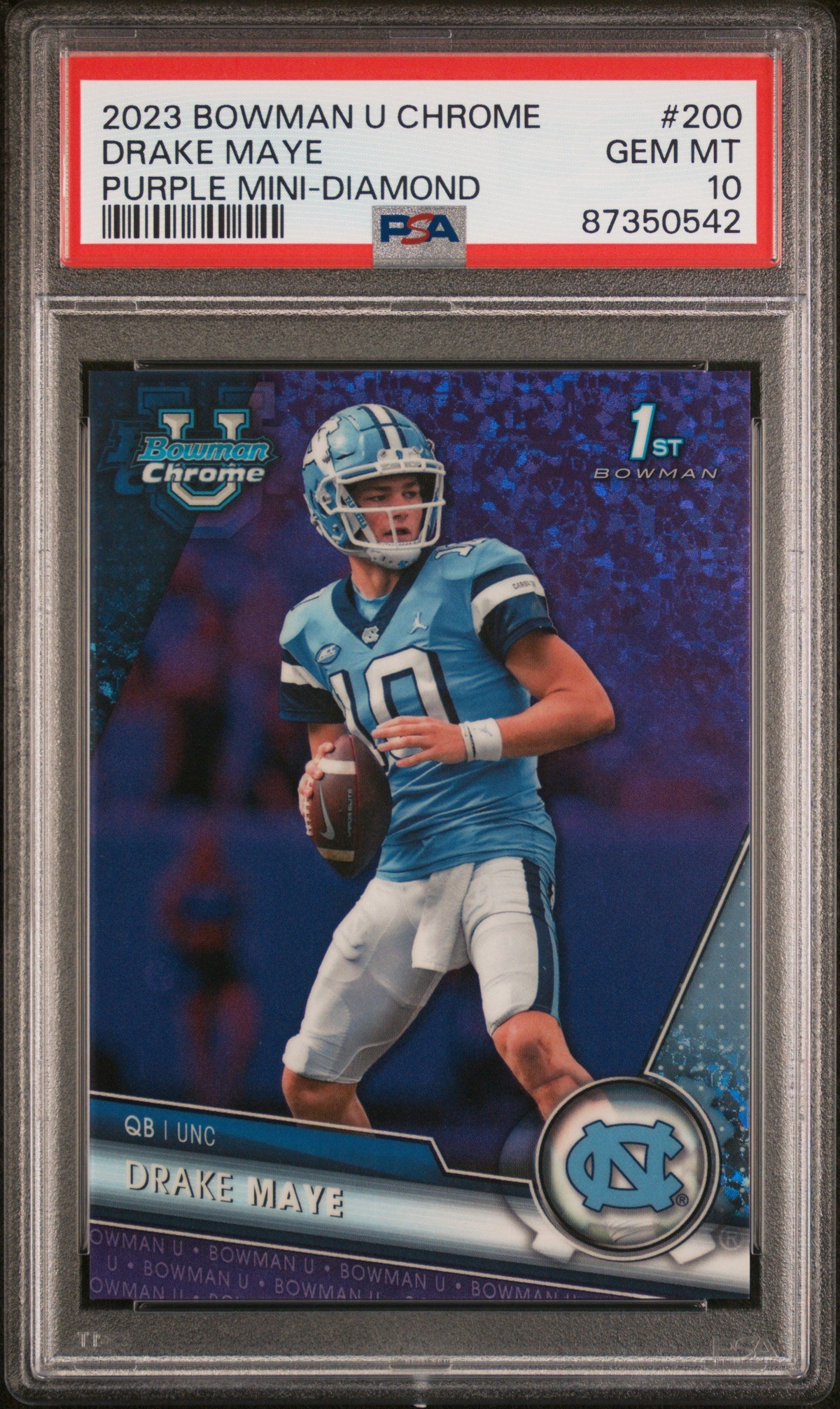 Graded 2023 Topps Bowman U Chrome Drake Maye #200 Purple Mini Diamond #/399 Rookie RC Football Card PSA 10 Gem Mint
