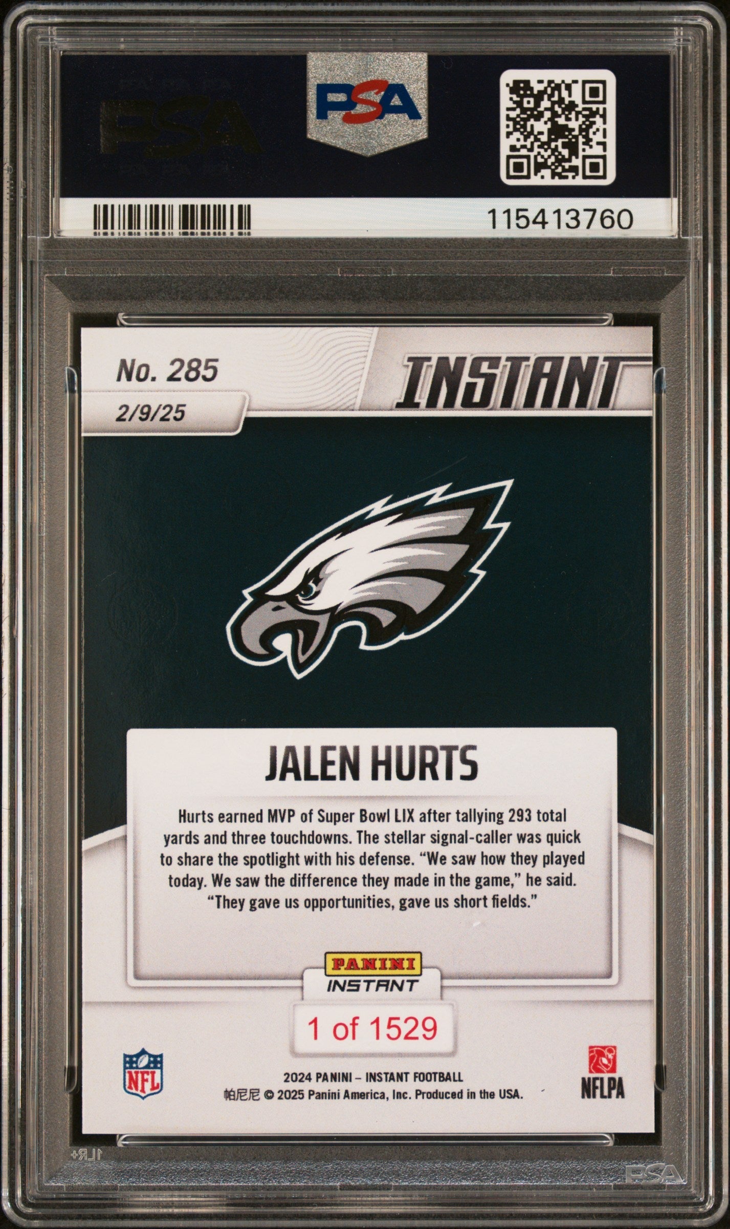 Graded 2024 Panini Instant NFL Jalen Hurts #285 Football Card PSA 10 Gem Mint