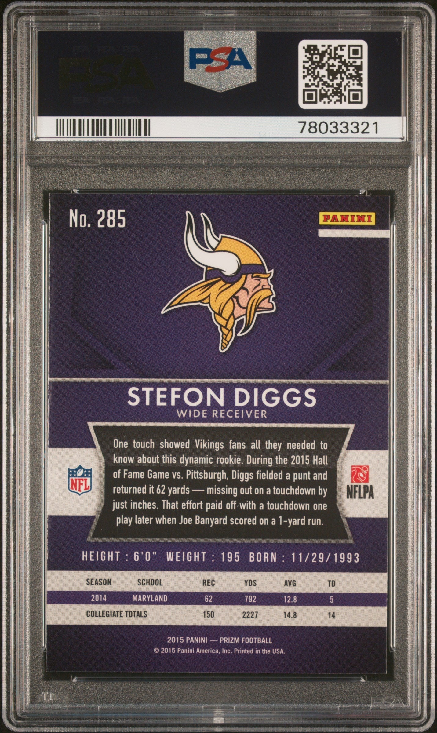 Graded 2015 Panini Prizm Stefon Diggs #285 Rookie RC Football Card PSA 10 Gem Mint