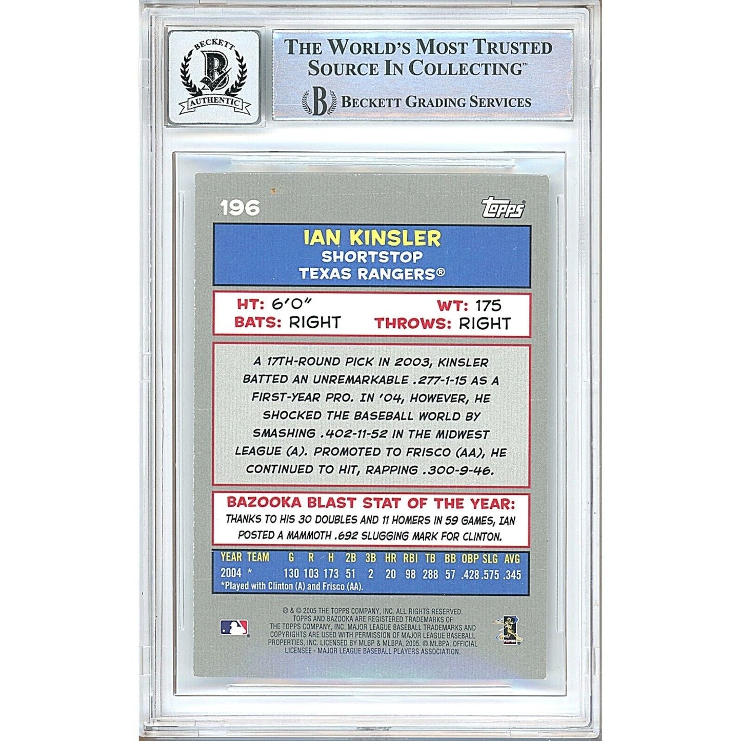 2005 Topps Bazooka #196 — Ian Kinsler Texas Rangers Autographed Trading Card — Beckett Authentication