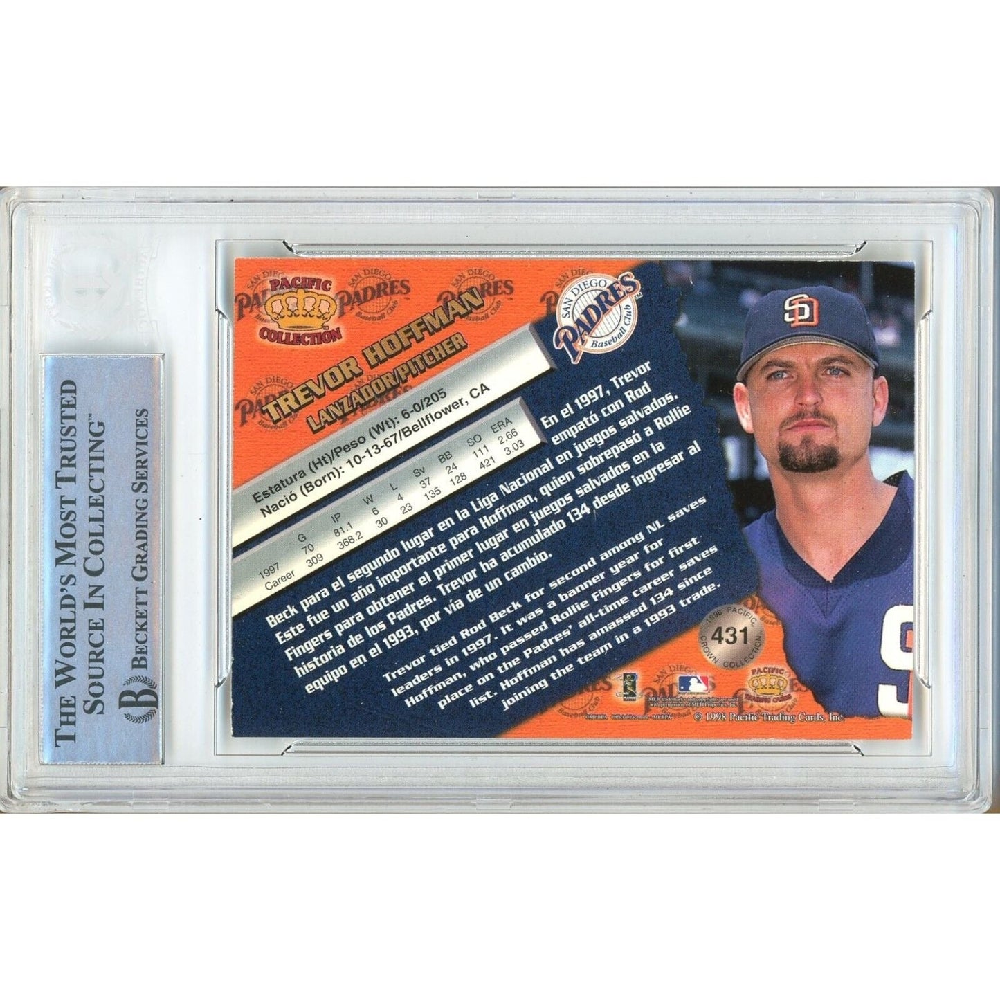 Trevor Hoffman San Diego Padres Signed 1998 Pacific Card Beckett Authentic Auto Slab