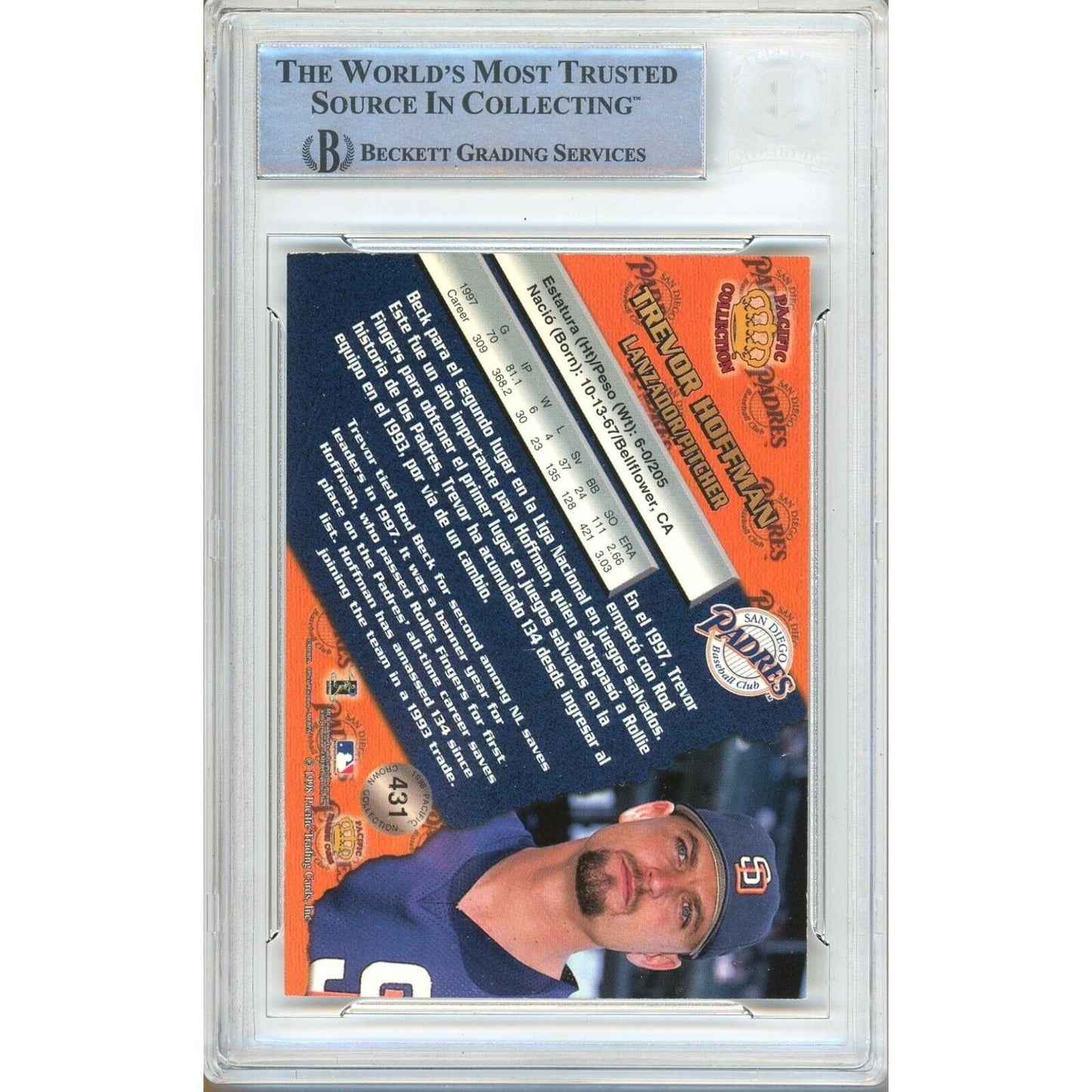 Trevor Hoffman San Diego Padres Signed 1998 Pacific Card Beckett Authentic Auto Slab