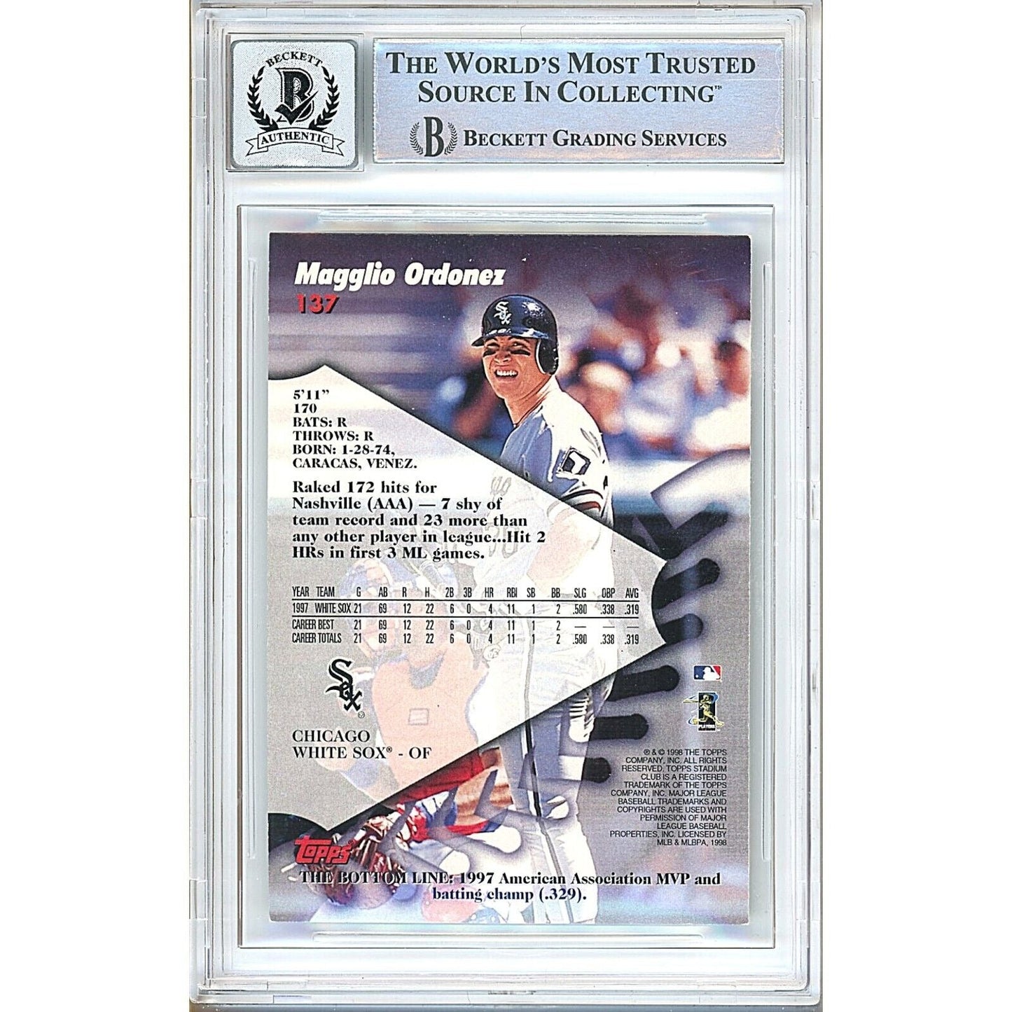 Magglio Ordonez Chicago White Sox Signed 1998 Stadium Club Card BGS Auto 10 Graded