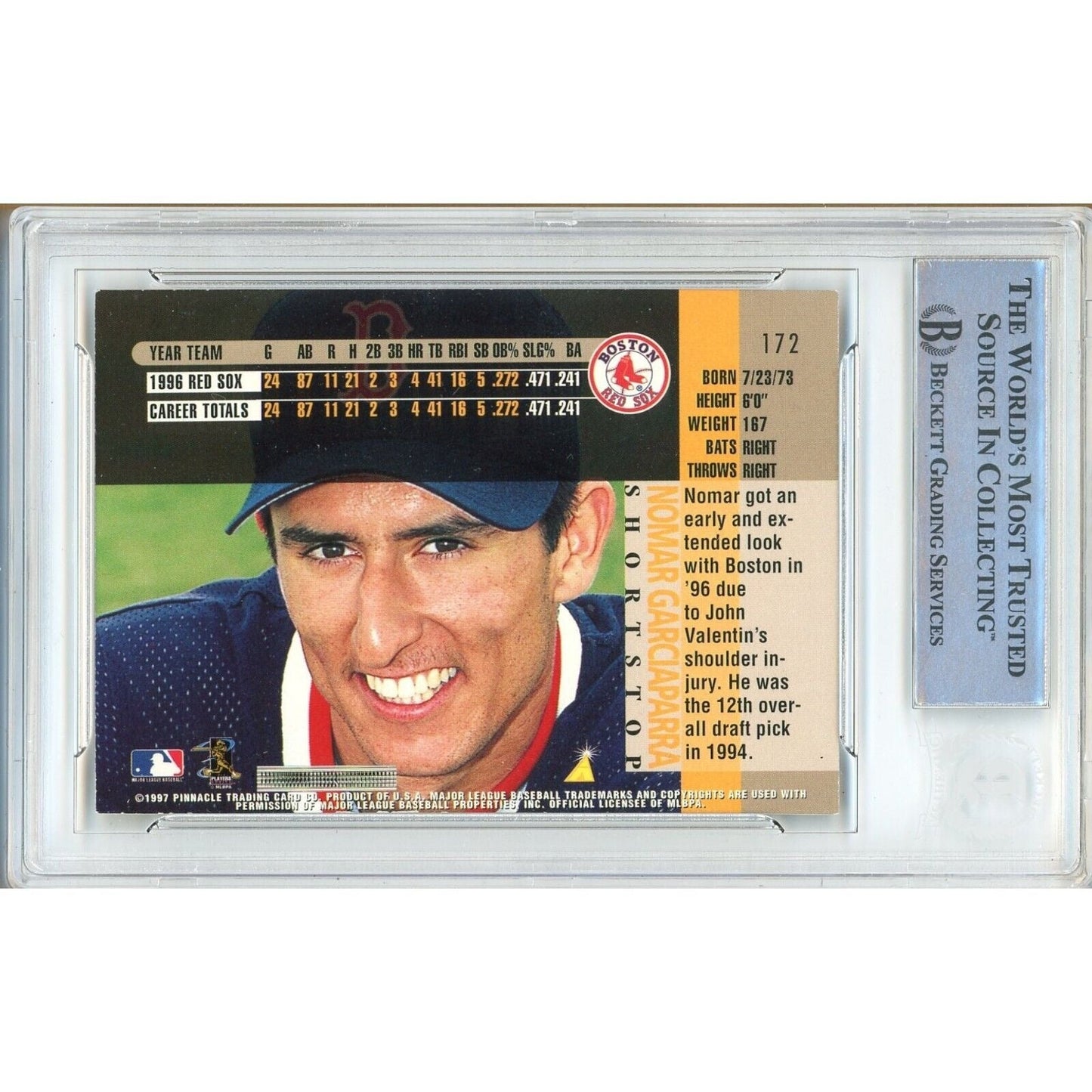 Nomar Garciaparra Boston Red Sox Signed 1997 Pinnacle Baseball Card BAS Auth Auto Slab