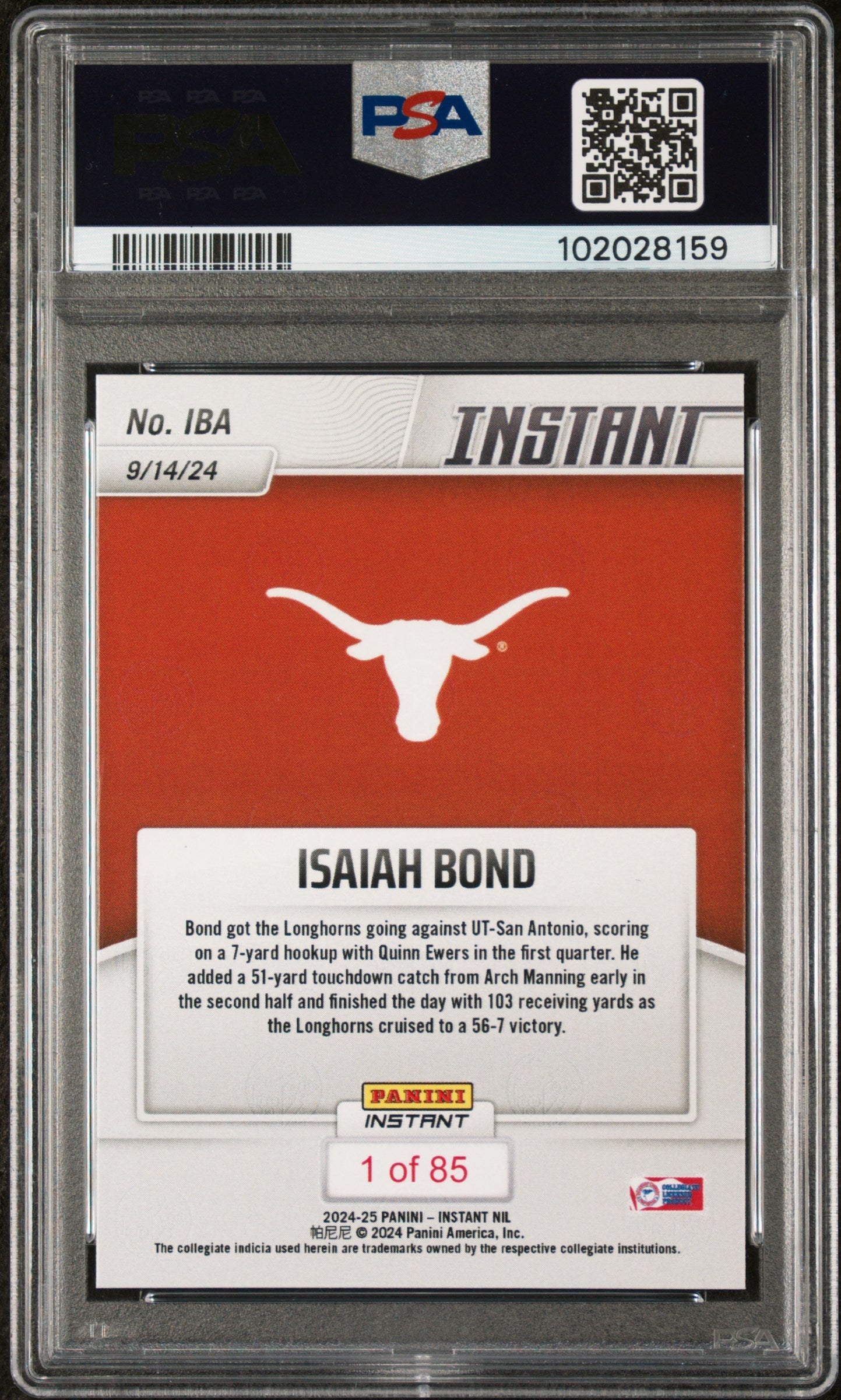 Graded 2024 Panini Instant NIL Isaiah Bond #IBA Rookie RC Football Card PSA 9 Mint