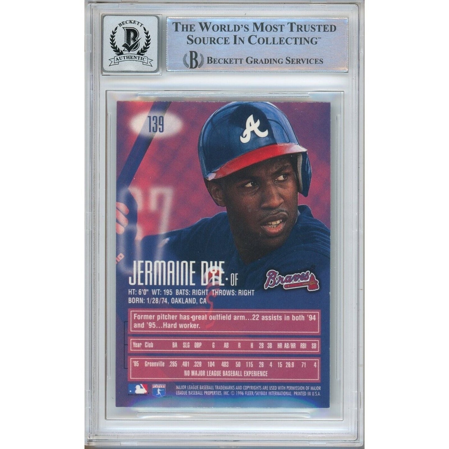 1996 — Jermaine Dye Atlanta Braves Atlanta Braves Autographed Trading Card — Beckett Authentication