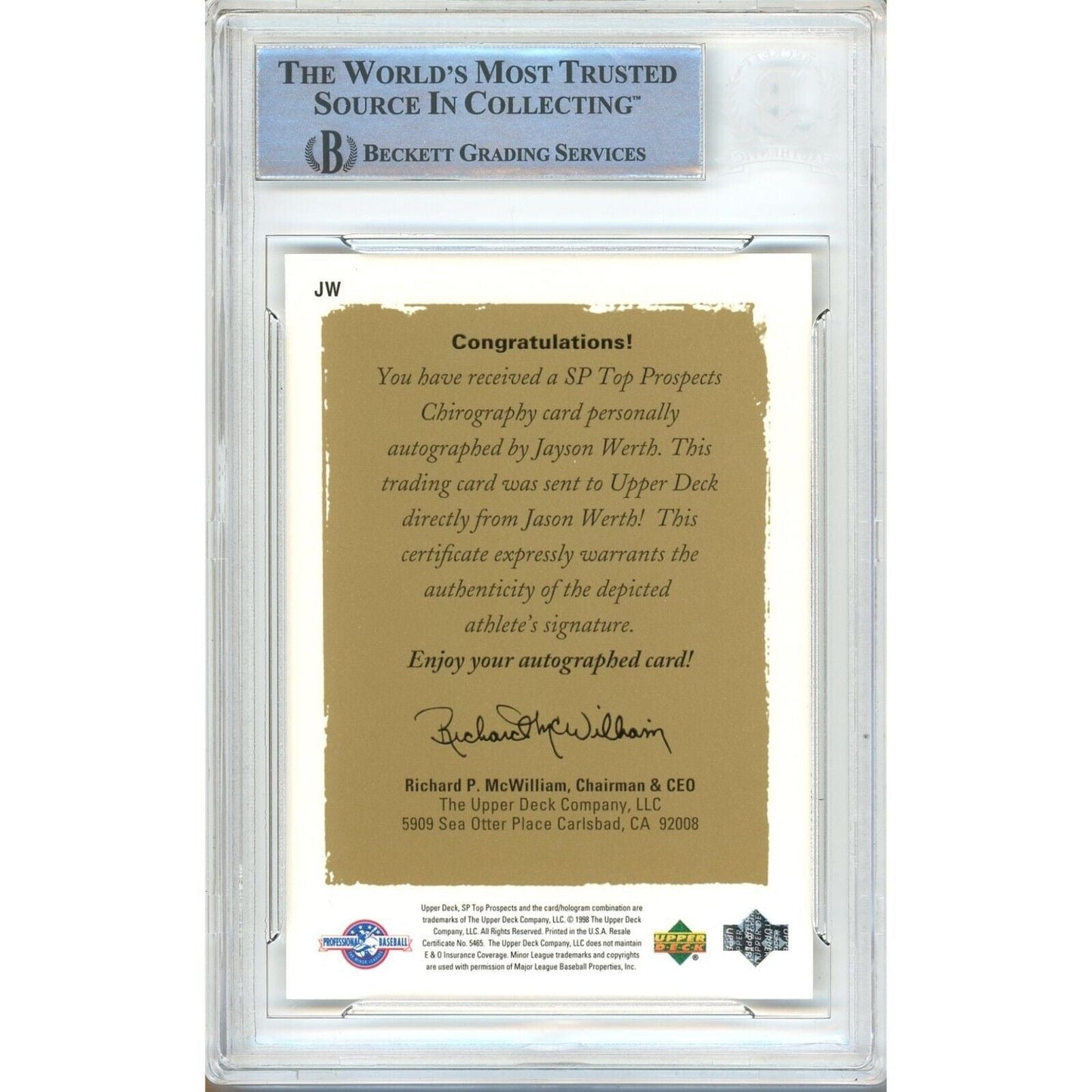 1999 Upper Deck SP Top Prospects #JW — Jayson Werth Orioles Autographed Trading Card — Beckett Authentication