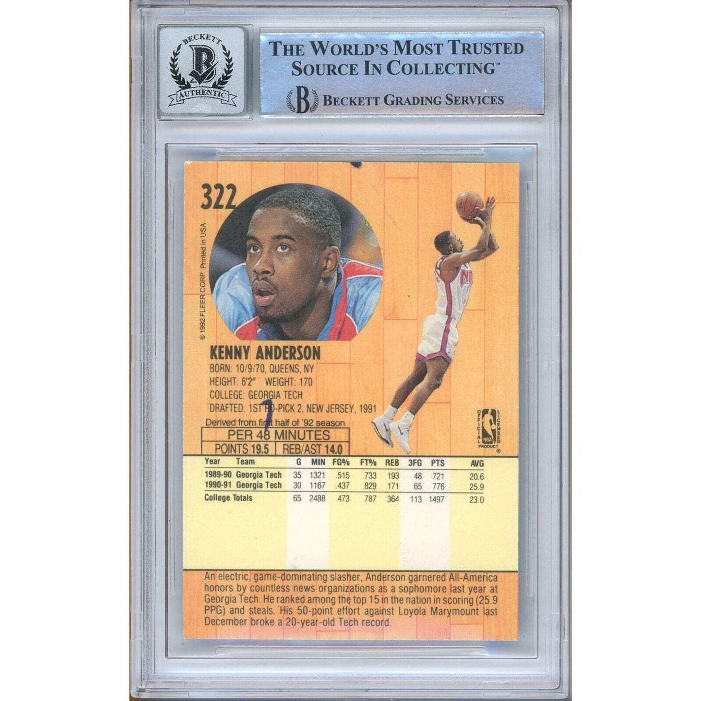 1991—92 Fleer #322 — Kenny Anderson New Jersey Nets Autographed Trading Card — Beckett Authentication