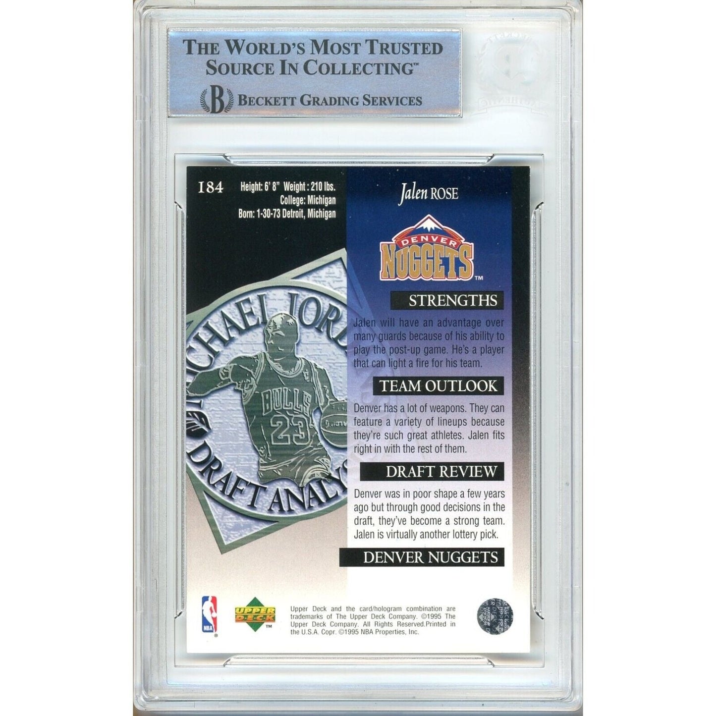 1994-95 Upper Deck #184 — Jalen Rose Denver Nuggets Autographed Trading Card — Beckett Authentication