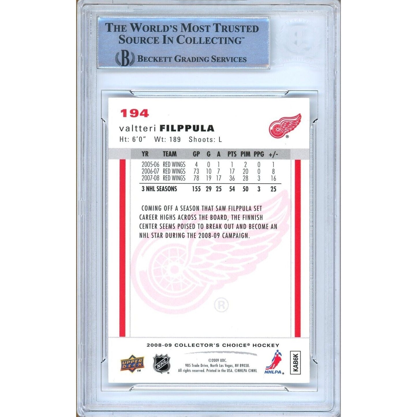 Valtteri Filppula Detroit Red Wings Signed 2008-09 Collectors Choice Card Beckett Auth Auto