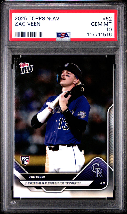 Graded 2025 Topps Now Zac Veen #52 Rookie RC Baseball Card PSA 10 Gem Mint