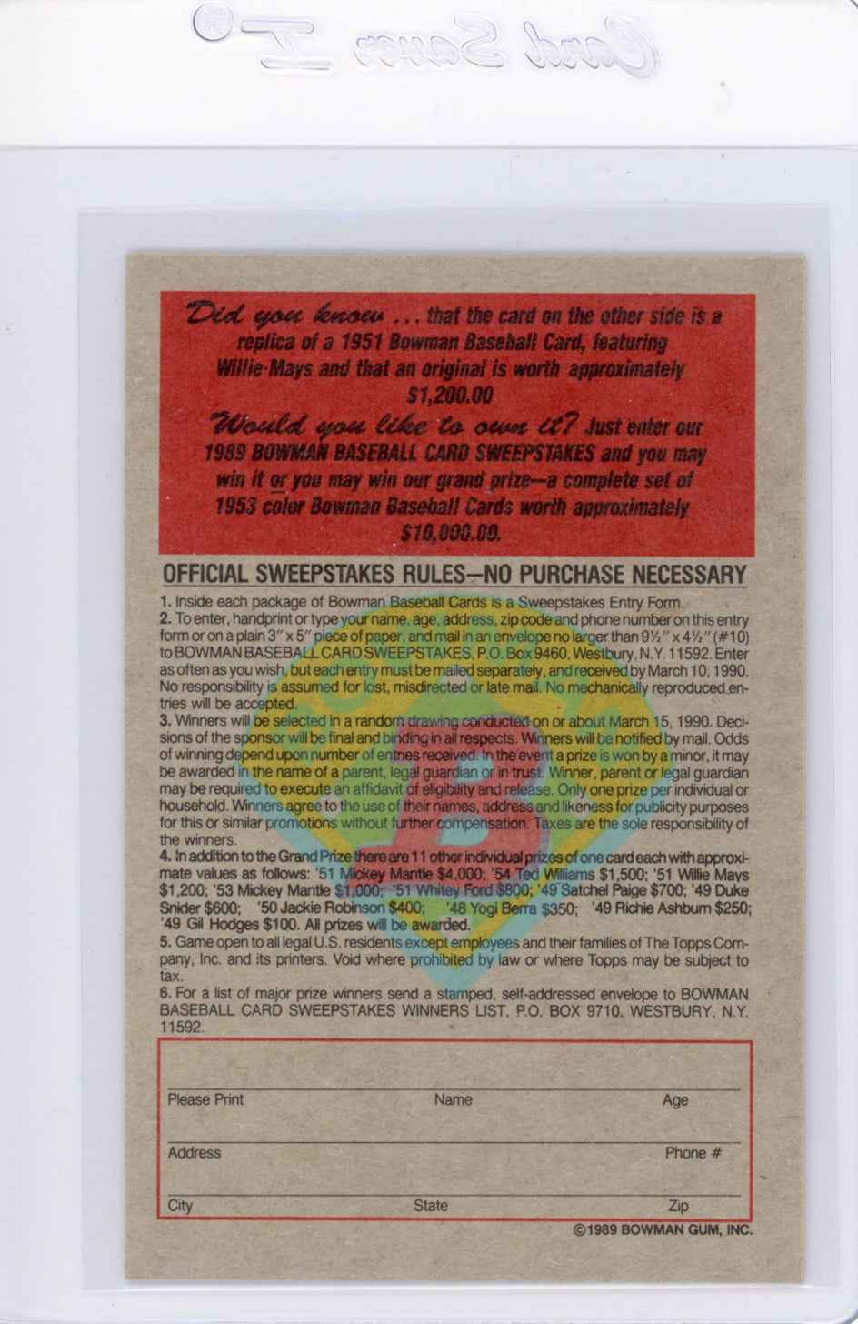 1989 Bowman Insert #7 1951 Willie Mays Card