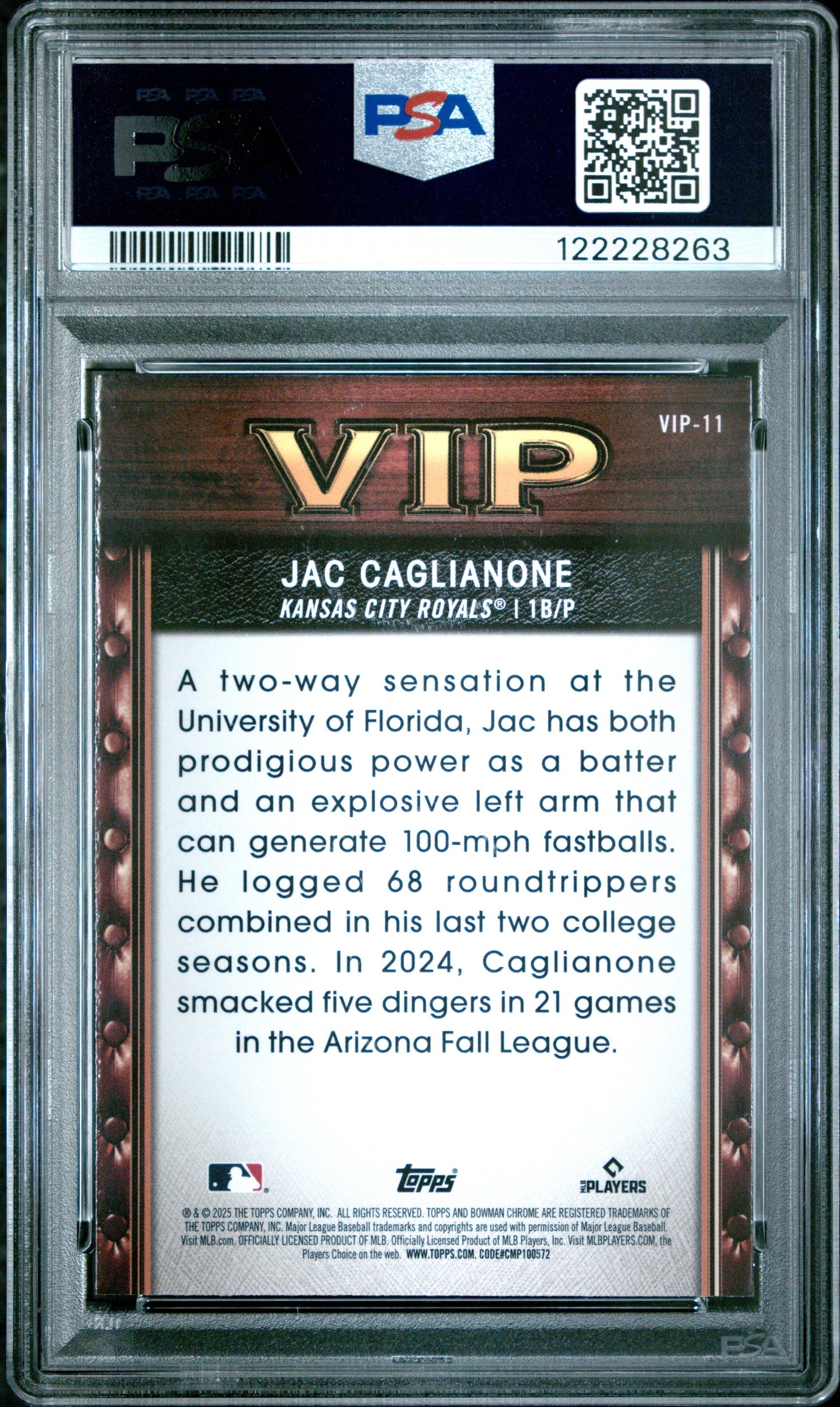 Graded 2025 Topps Bowman Jac Caglianone #VIP11 Very Important Prospects Rookie RC Baseball Card PSA 9 Mint