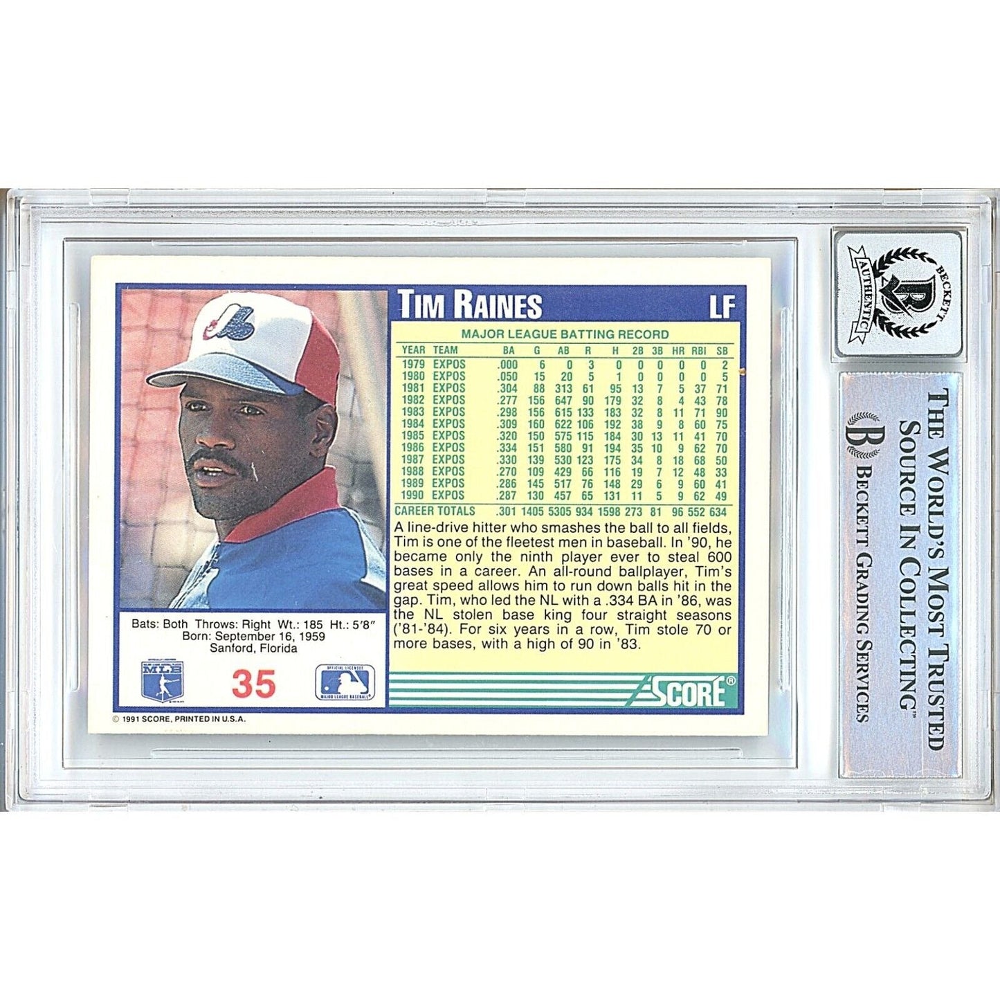 Tim Raines Montreal Expos Signed 1991 Score Baseball Card Beckett Auto 10 Graded Slab