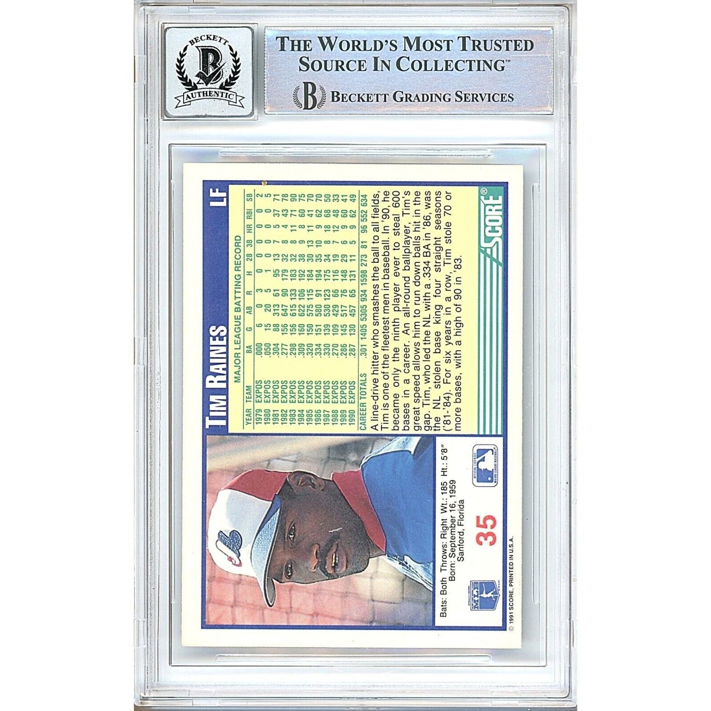 Tim Raines Montreal Expos Signed 1991 Score Baseball Card Beckett Auto 10 Graded Slab