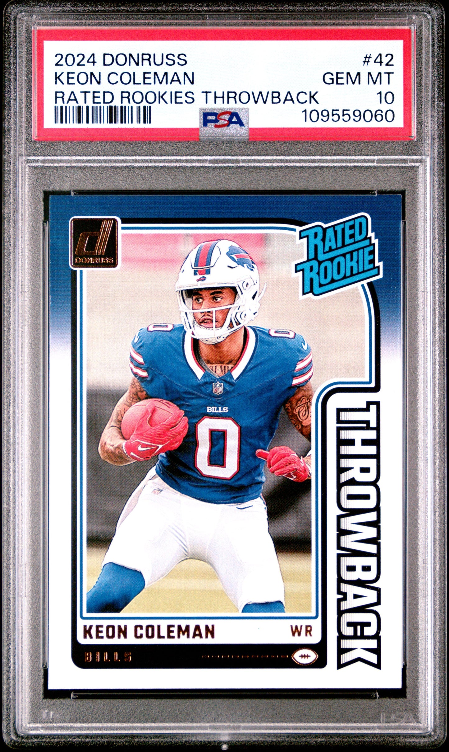 Graded 2024 Panini Donruss Keon Coleman #42 Rated Rookies Throwback Rookie RC Football Card PSA 10 Gem Mint