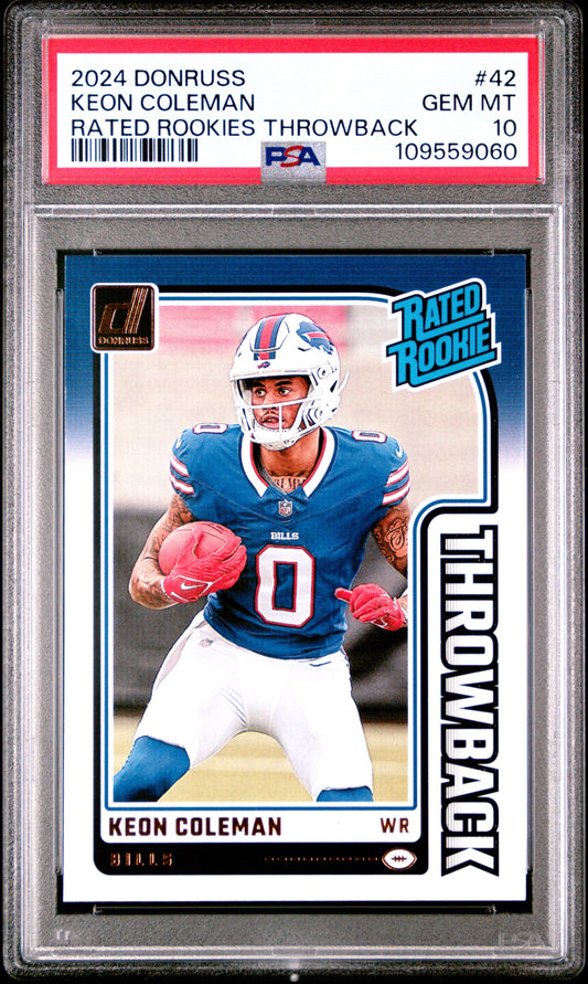 Graded 2024 Panini Donruss Keon Coleman #42 Rated Rookies Throwback Rookie RC Football Card PSA 10 Gem Mint