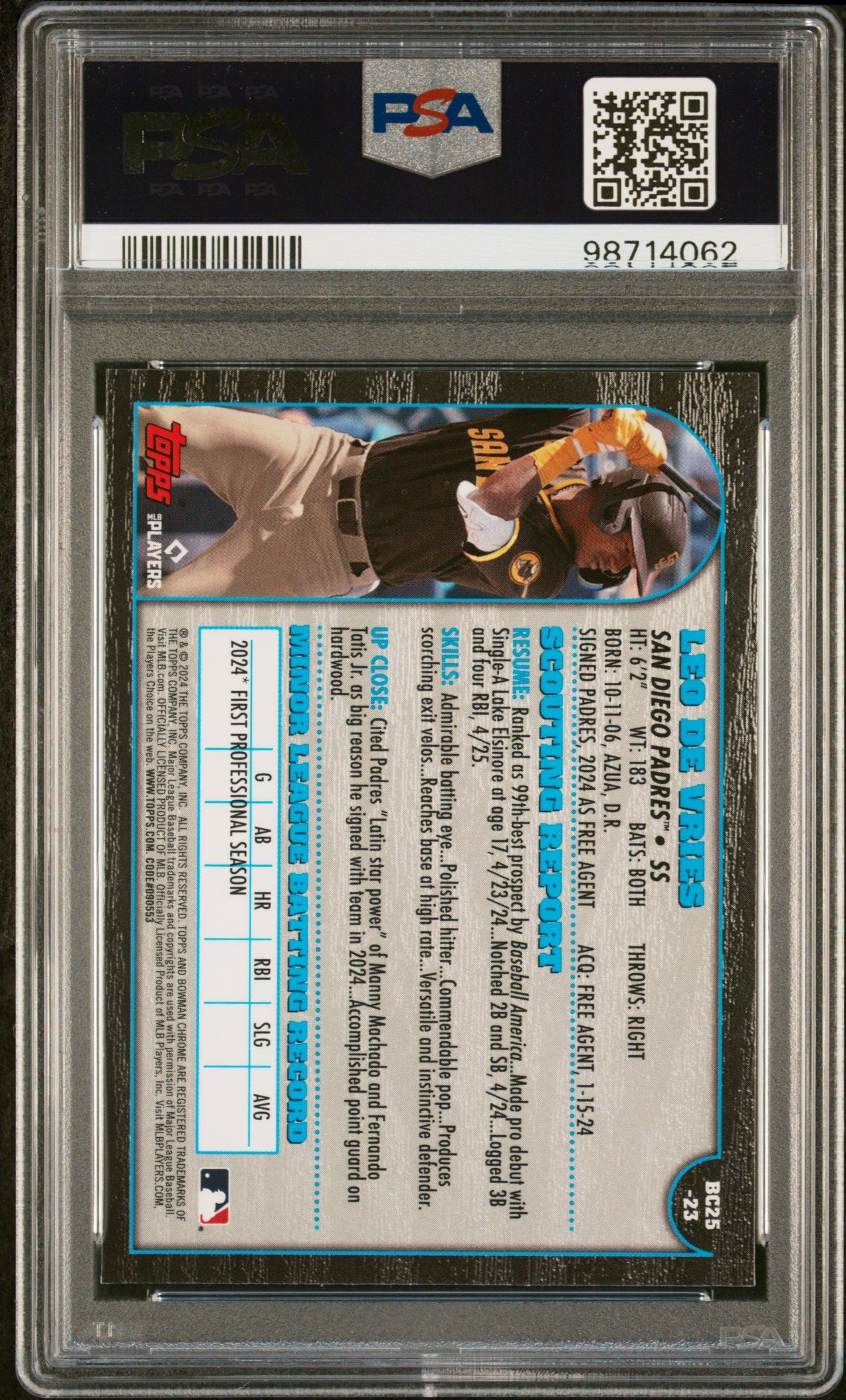 Graded 2024 Topps Bowman Chrome Leo De Vries #23 1999 25th Anniversary Rookie RC Baseball Card PSA 10 Gem Mint