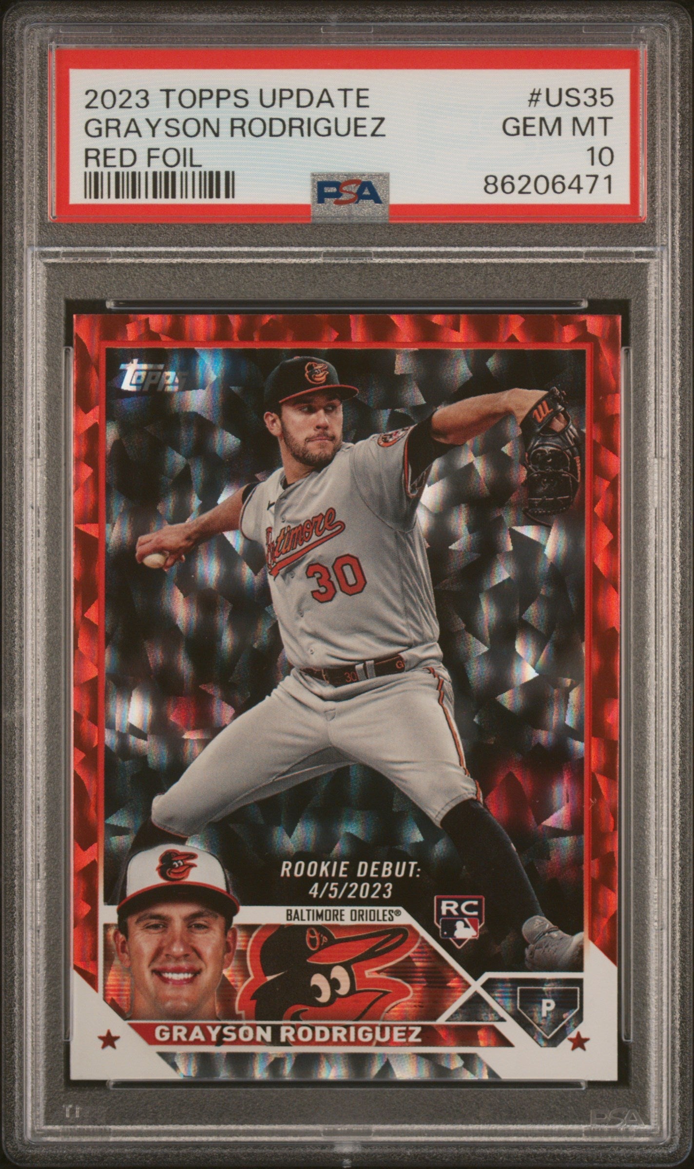 Graded 2023 Topps Update Grayson Rodriguez #US35 Red Foil #/199 Rookie RC Baseball Card PSA 10 Gem Mint