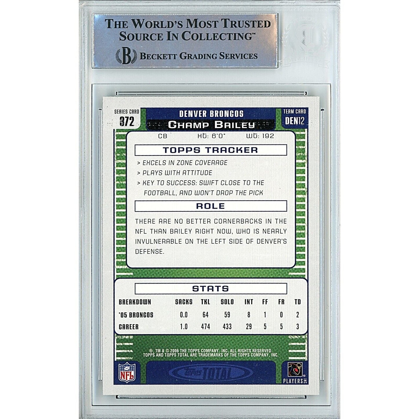 2006 Topps Total #372 — Champ Bailey Denver Broncos Autographed Trading Card — Beckett Authentication