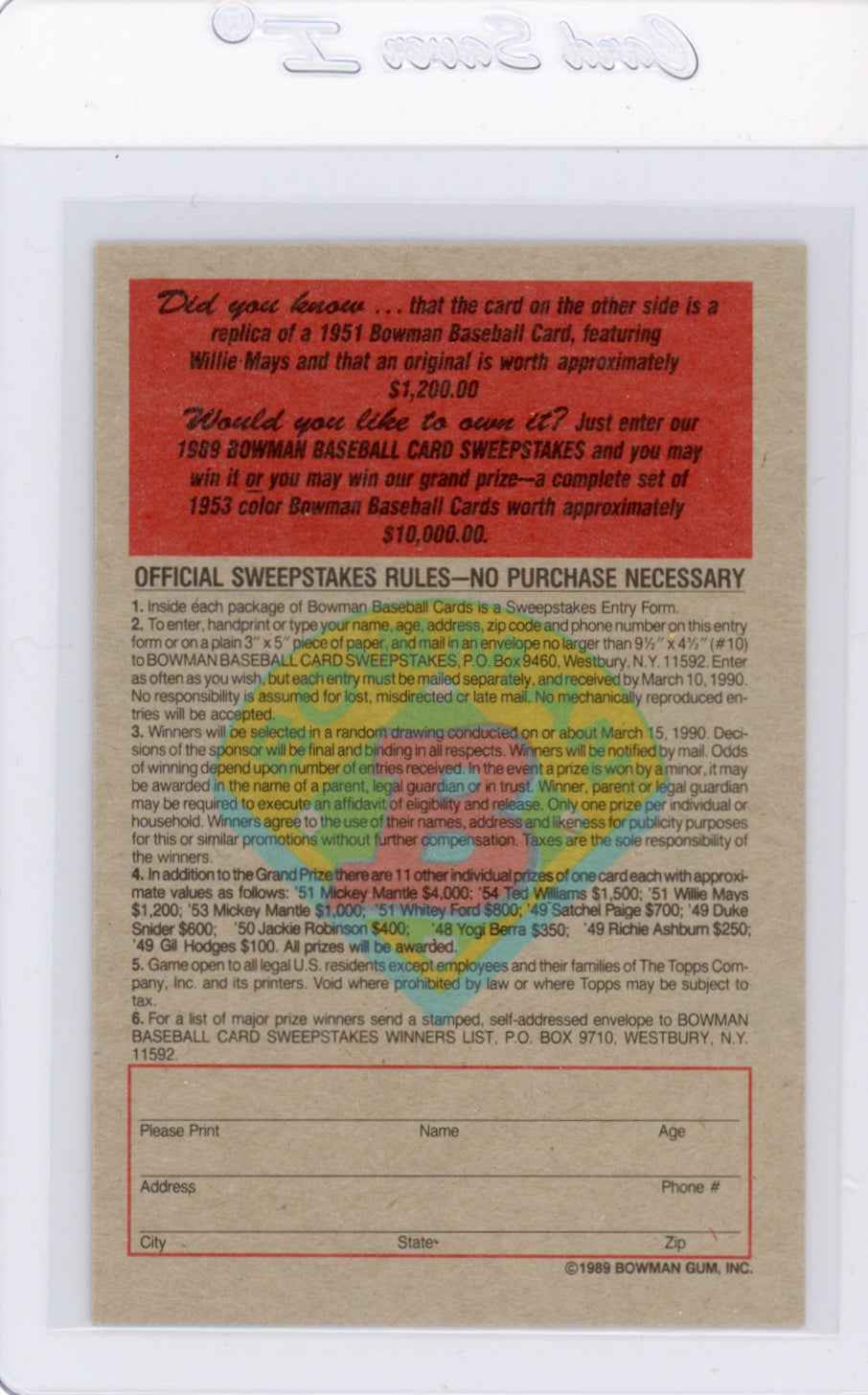 1989 Bowman Insert #7 1951 Willie Mays Card