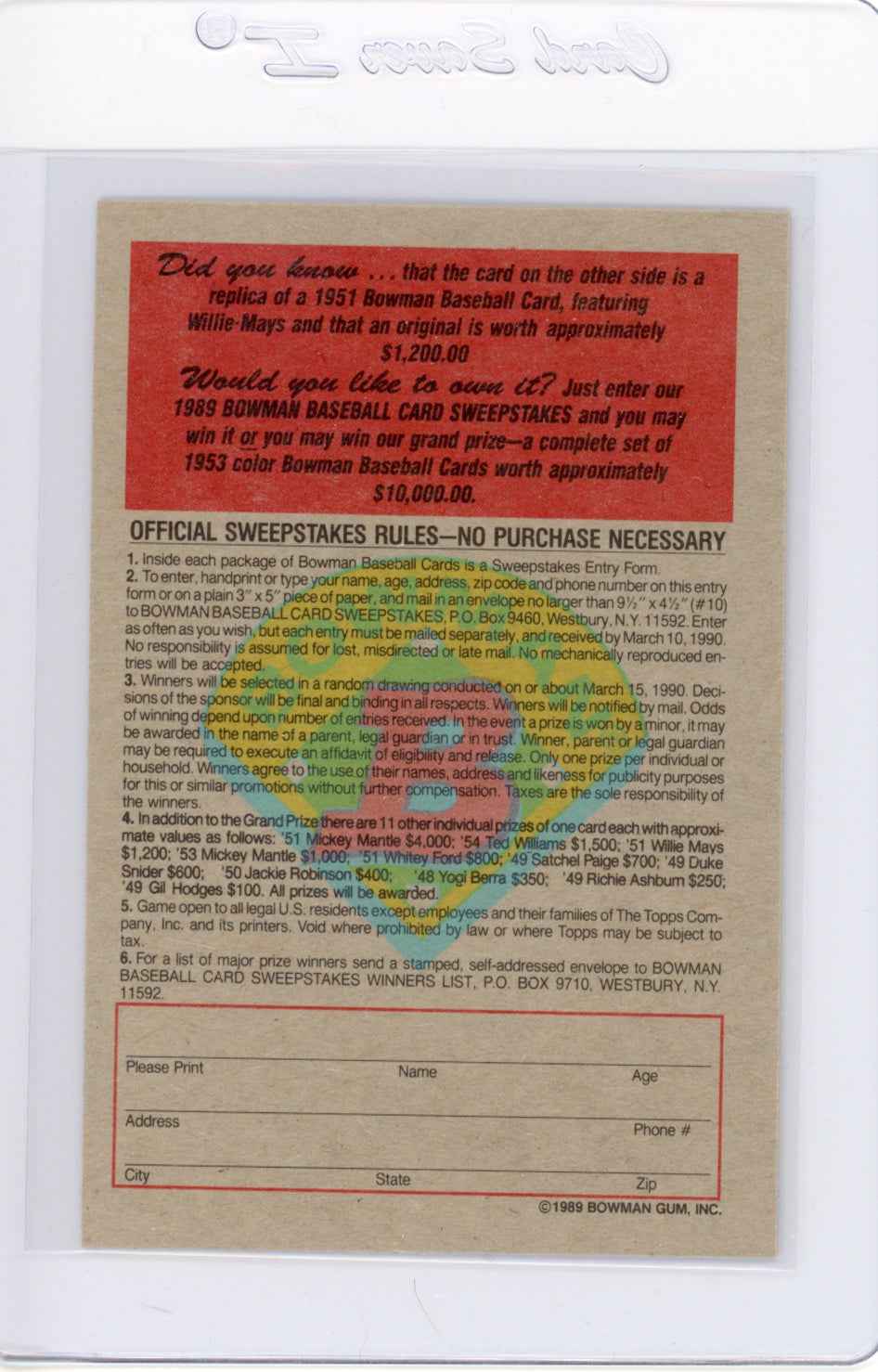 1989 Bowman Insert #7 1951 Willie Mays Card