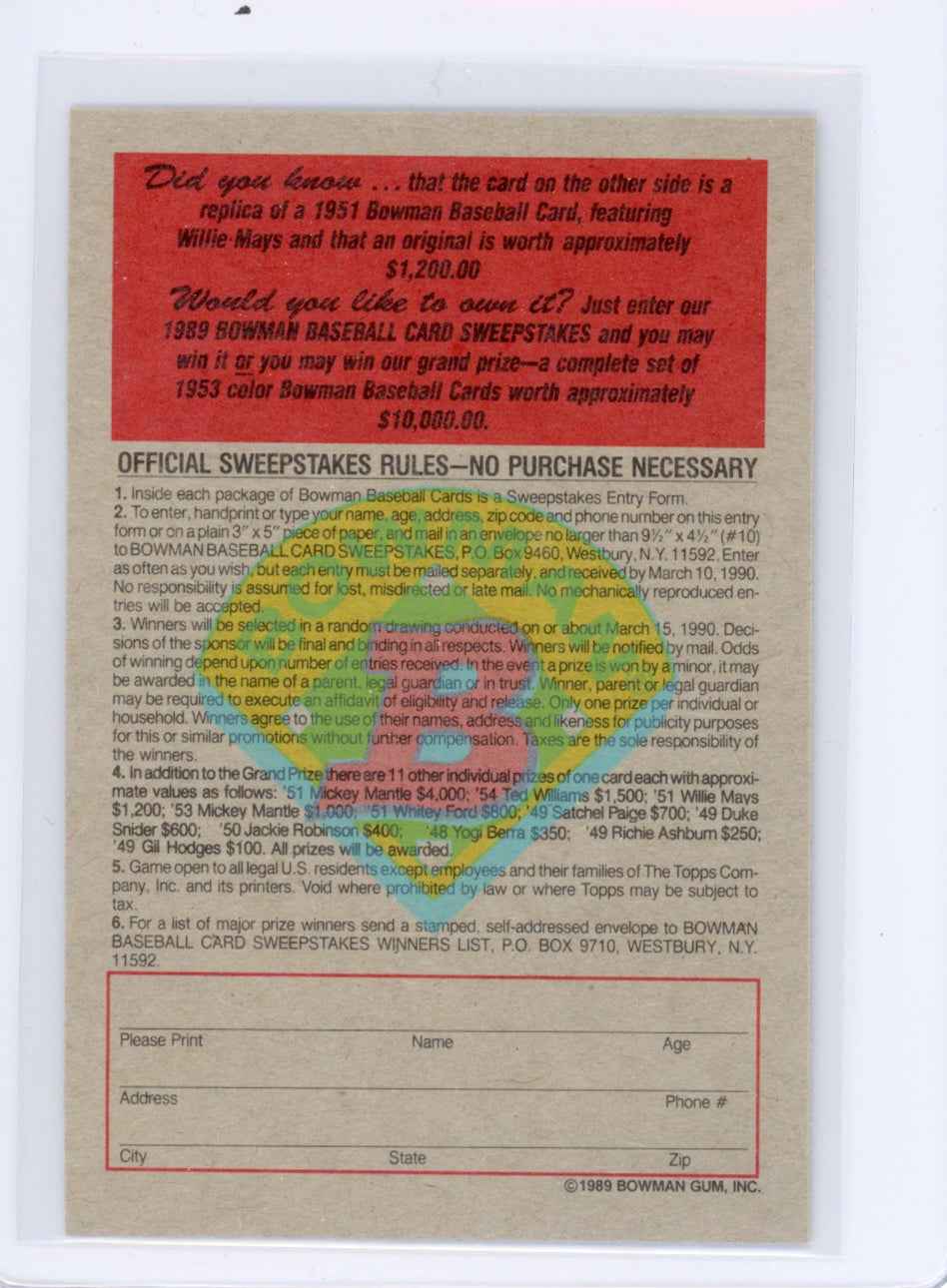 1989 Bowman Insert #7 1951 Willie Mays Card