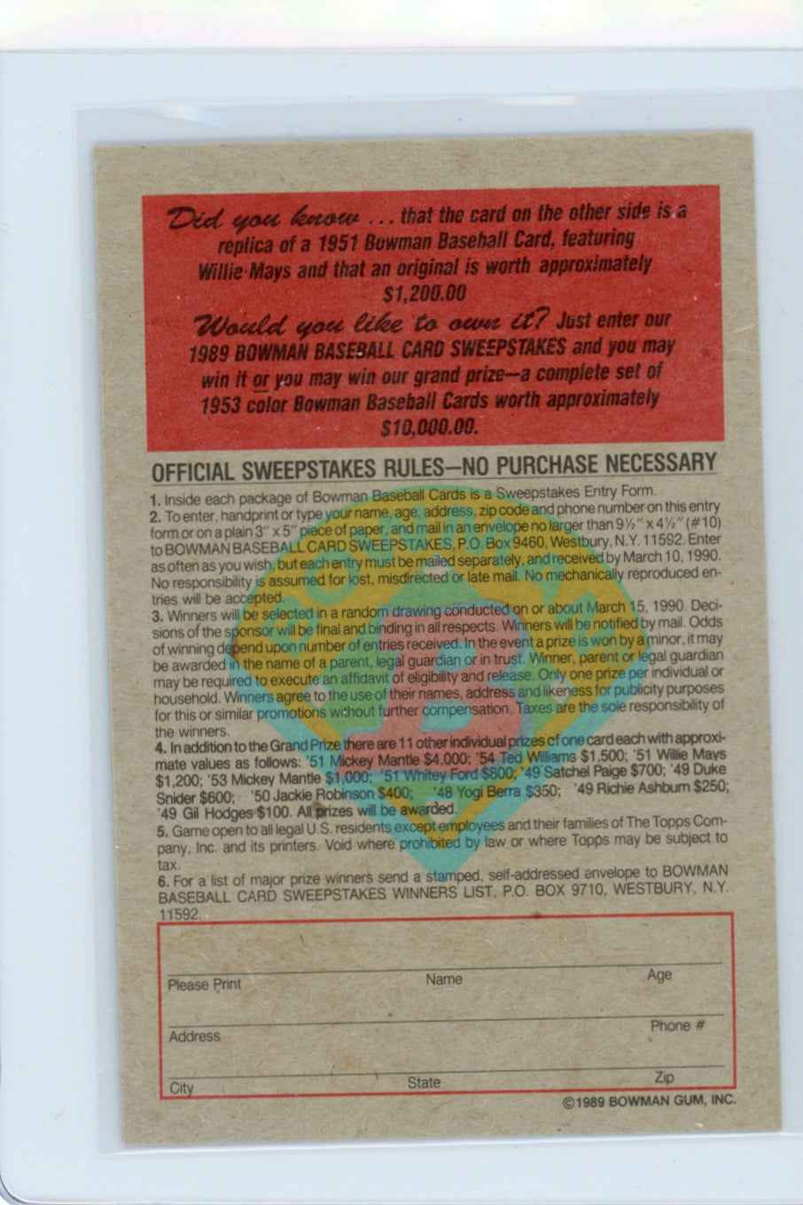 1989 Bowman Insert #7 1951 Willie Mays Card