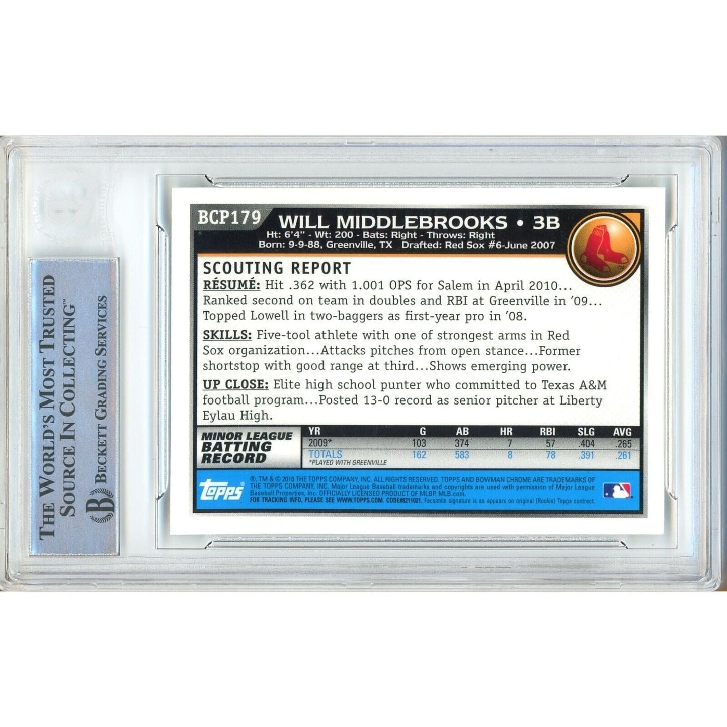Will Middlebrooks Boston Red Sox Signed 2010 Bowman Chrome Rookie Card Beckett Slab