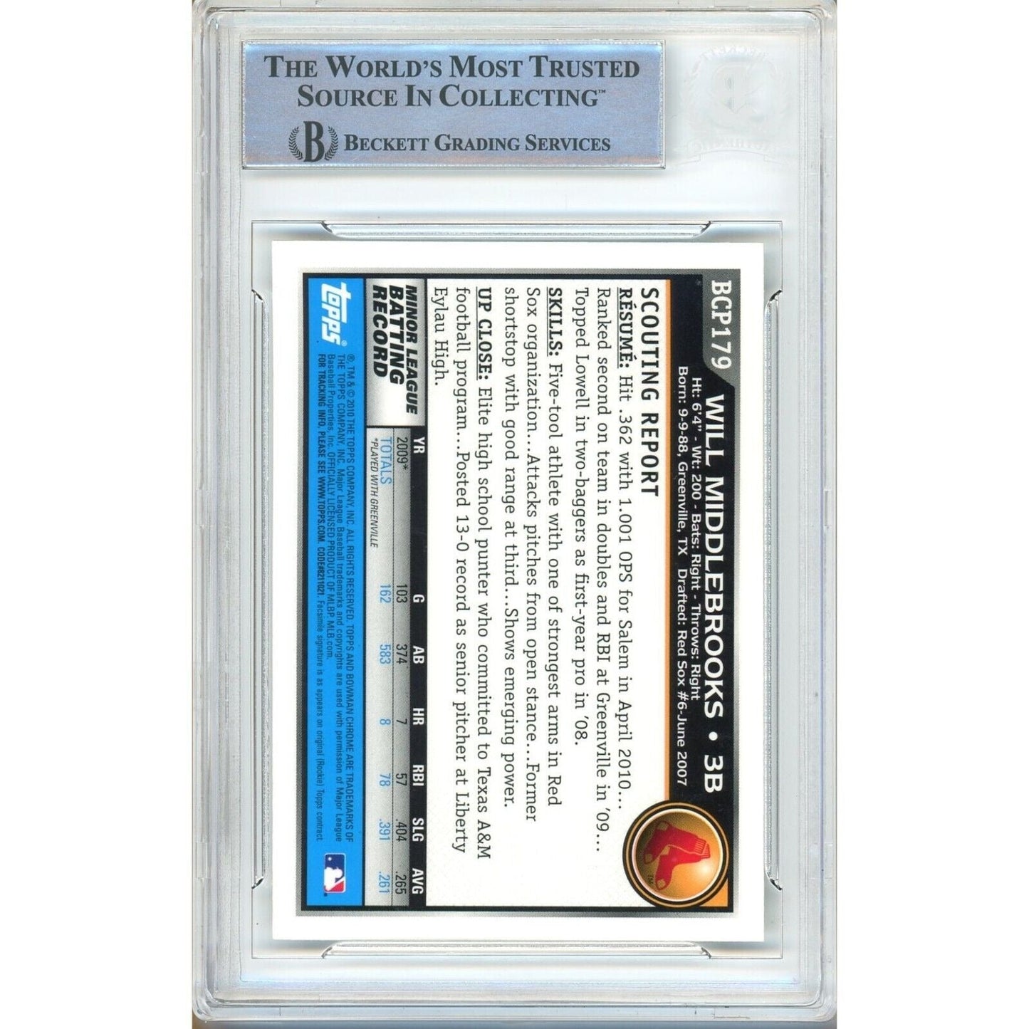 Will Middlebrooks Boston Red Sox Signed 2010 Bowman Chrome Rookie Card Beckett Slab