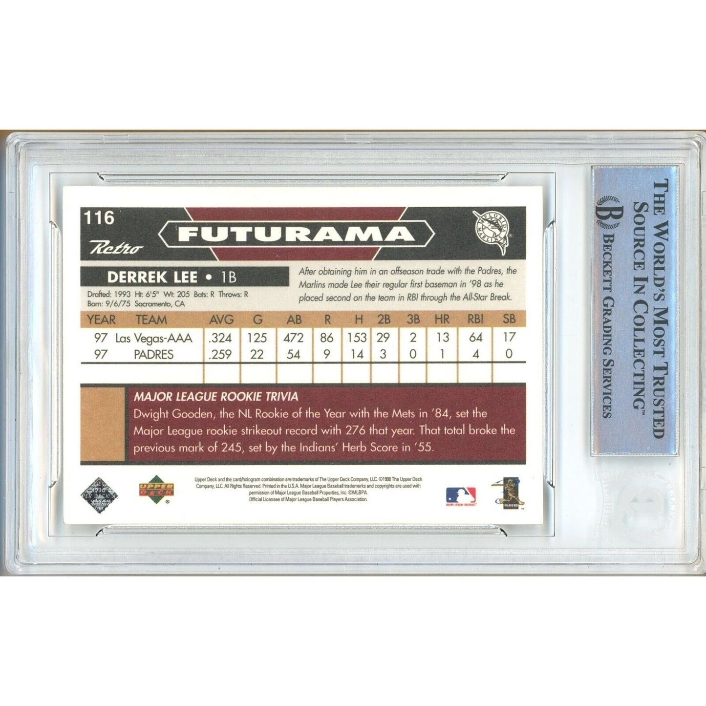 1998 Upper Deck Retro #116 — Derrek Lee Miami Marlins Autographed Trading Card — Beckett Authentication