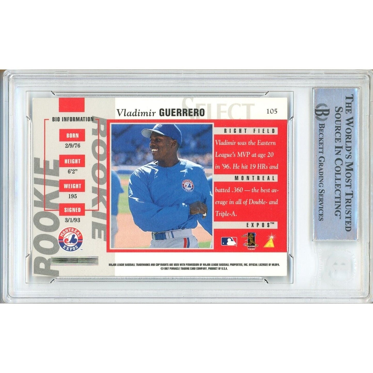 Vladimir Guerrero Montreal Expos Signed 1997 Select Rookie Card Beckett Auth Auto Slab