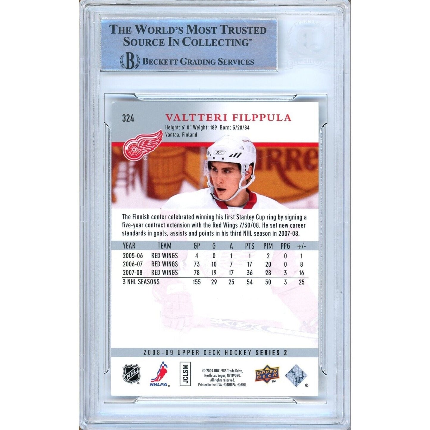 Valtteri Filppula Detroit Red Wings Signed 2008-09 Upper Deck Card Beckett Auth Auto Slab